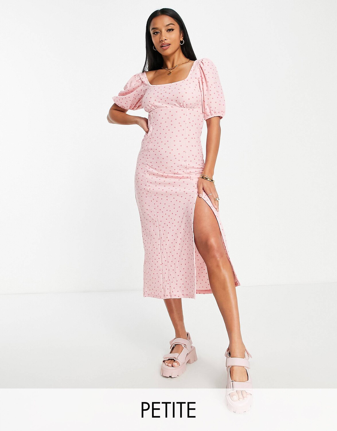 

Розовое платье миди с объемными рукавами Miss Selfridge, Розовый