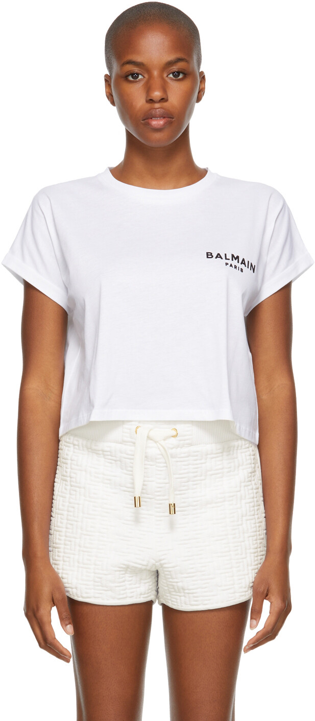 

Белая укороченная футболка с логотипом Balmain