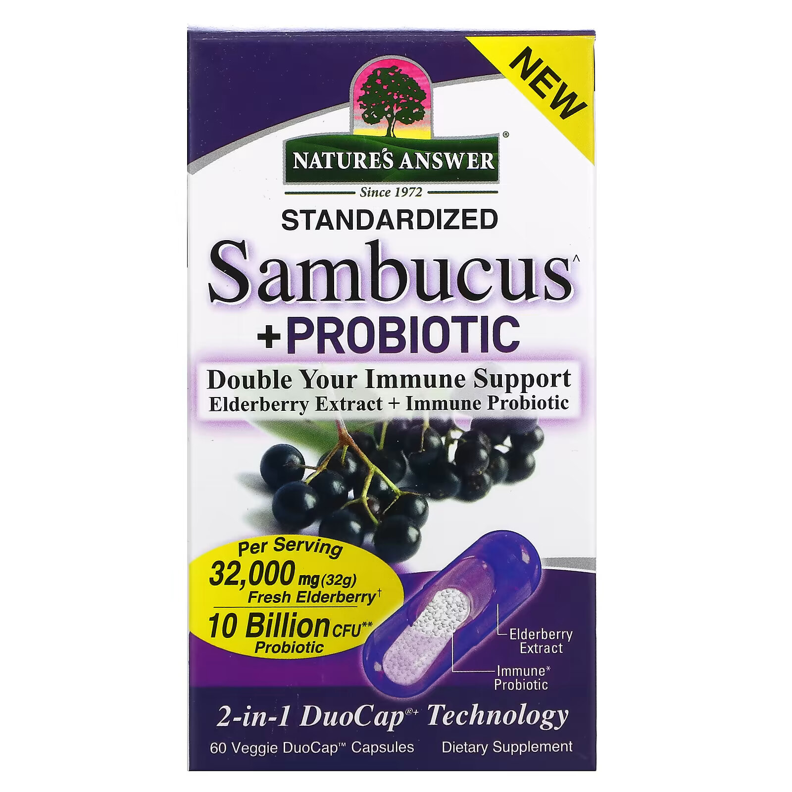 цена Nature's Answer, Sambucus + пробиотик, 60 веганских капсул DuoCap