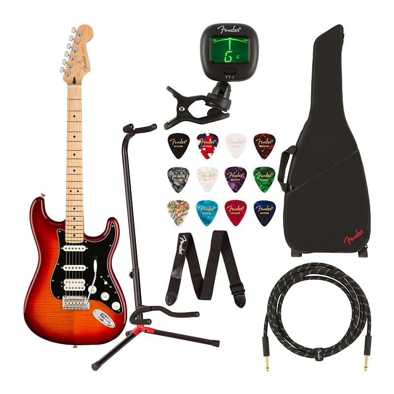 

Fender Player Stratocaster HSS Plus Top Electric Guitar (для правши, Aged Cherry Burst) Value Bundle с чехлом для гитары, кабелем, ремнем, подставкой, тюнером, струнами, учебником, медиатором и картой