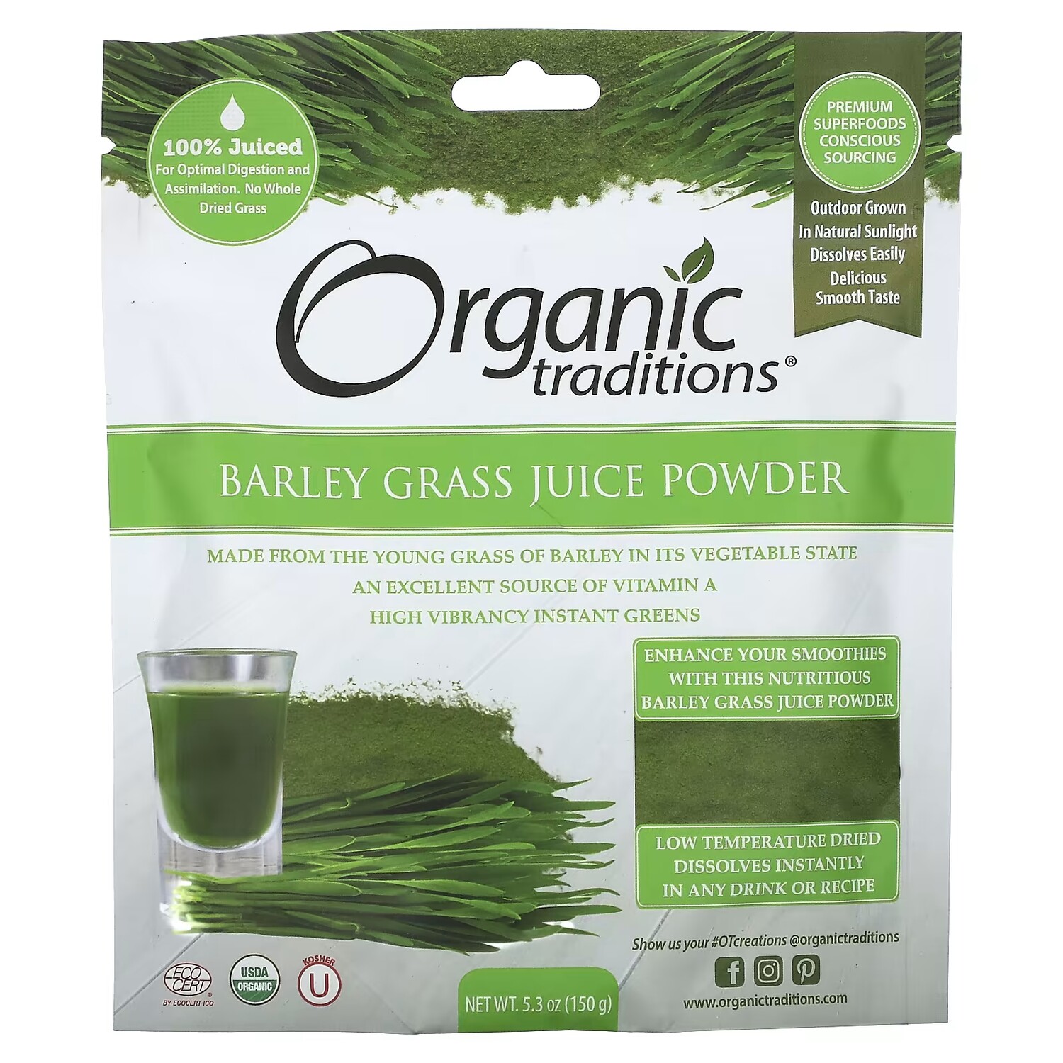 

Порошок сока травы ячменя Organic Traditions, 150 г
