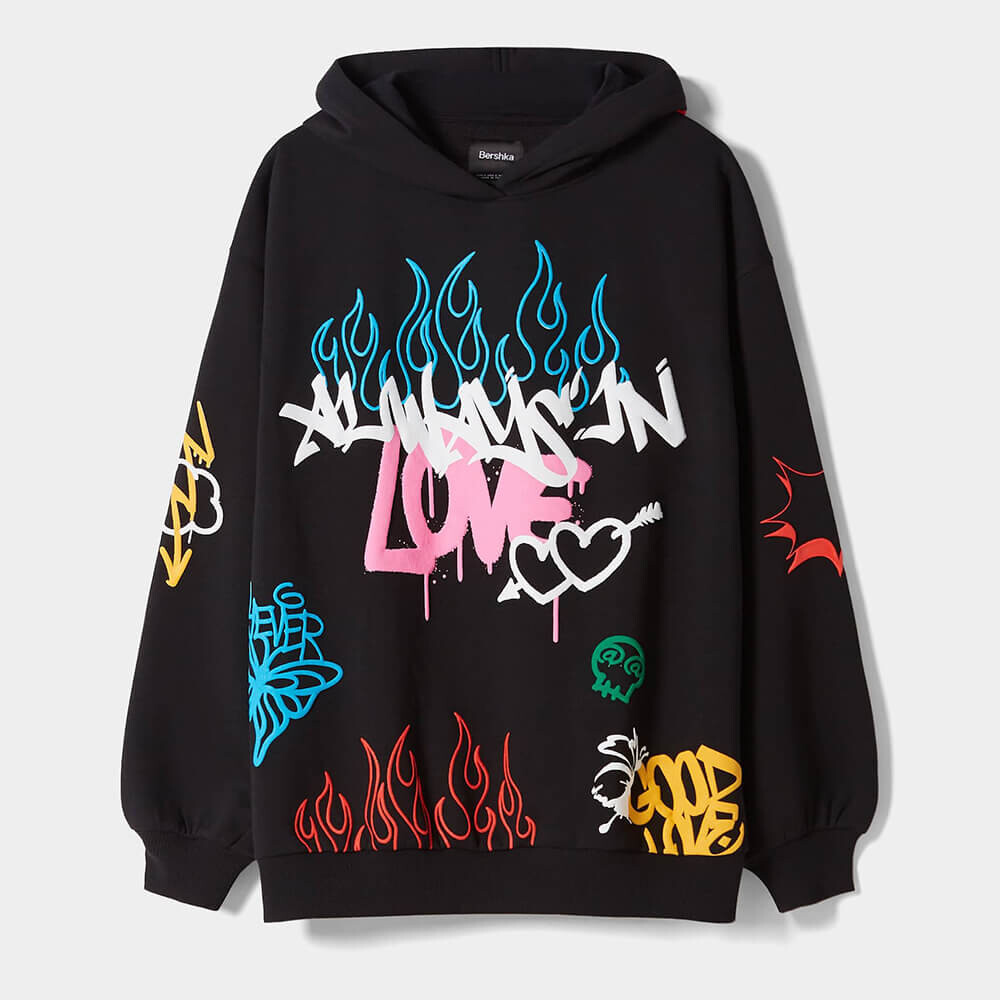 

Худи Bershka With Graffiti Print, черный
