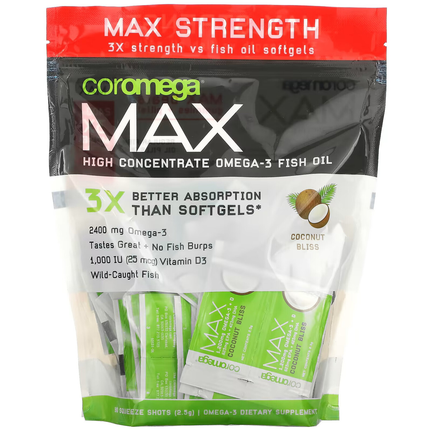 

Coromega, Max High Concentrate Omega-3 Fish Oil, Coconut Bliss, 90 выжимок, 2,5 г каждый