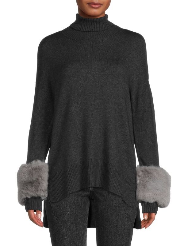

Высокий низкий свитер с отделкой из искусственного меха с высоким воротником Saks Fifth Avenue Black
