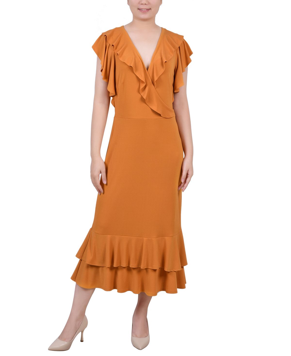 цена Миниатюрное платье с короткими развевающимися рукавами и рюшами NY Collection, мульти