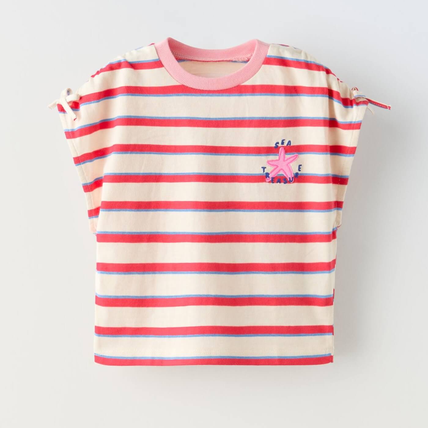 Футболка Zara Summer Camp Striped Embroidered Bows, красный/бежевый