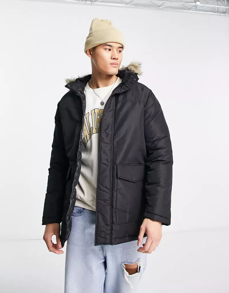 

Черная парка с капюшоном из искусственного меха Jack & Jones