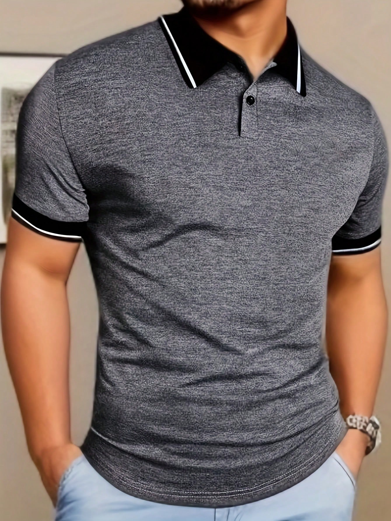 Мужская рубашка поло с короткими рукавами и пуговицами с контрастной отделкой, серый мужская рубашка с отложным воротником уличная повседневная футболка большого размера с 3d рисунком дьявола и короткими рукавами одежда дл
