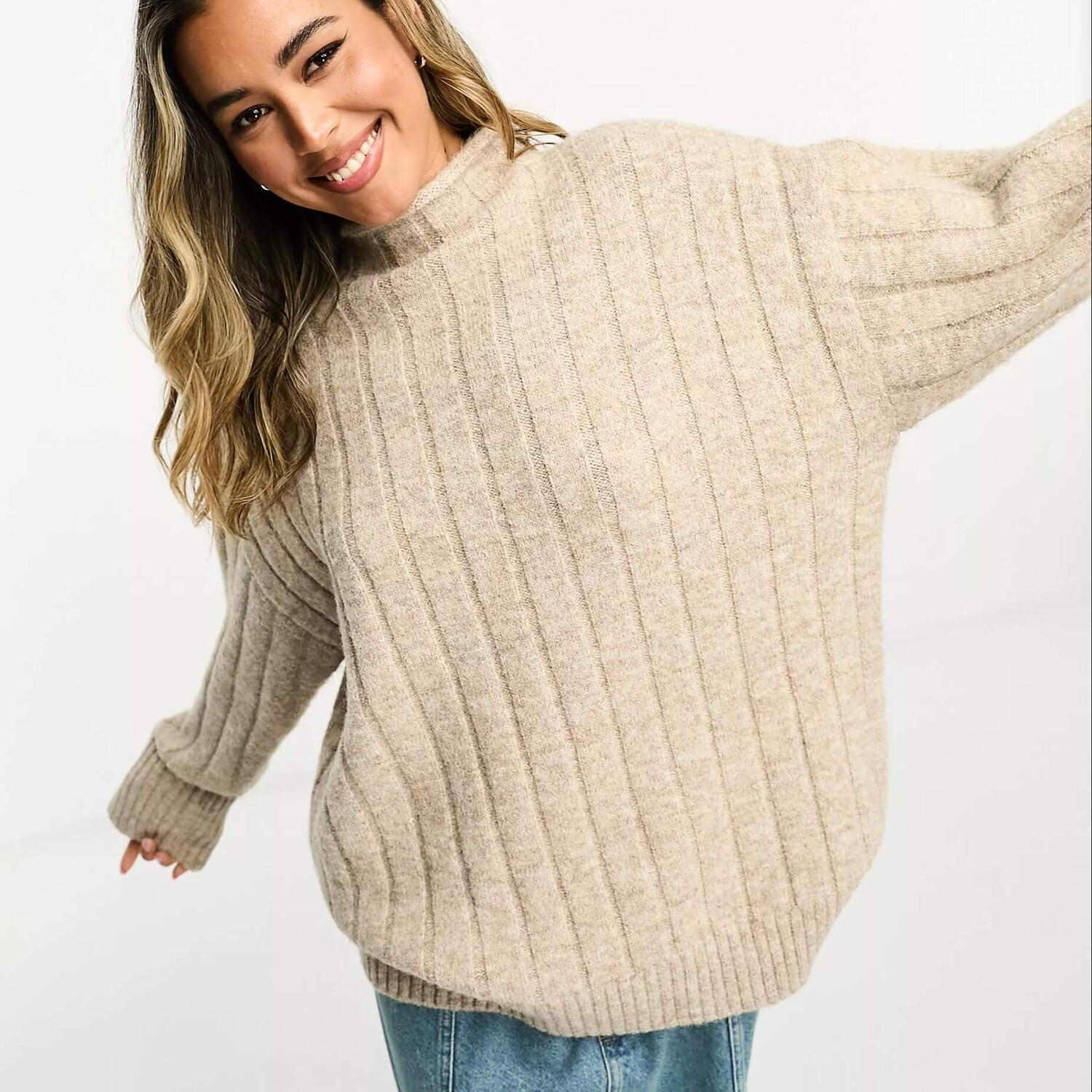 

Свитер Asos Design Chunky Oversized In Rib With Grown On Neck, бежевый