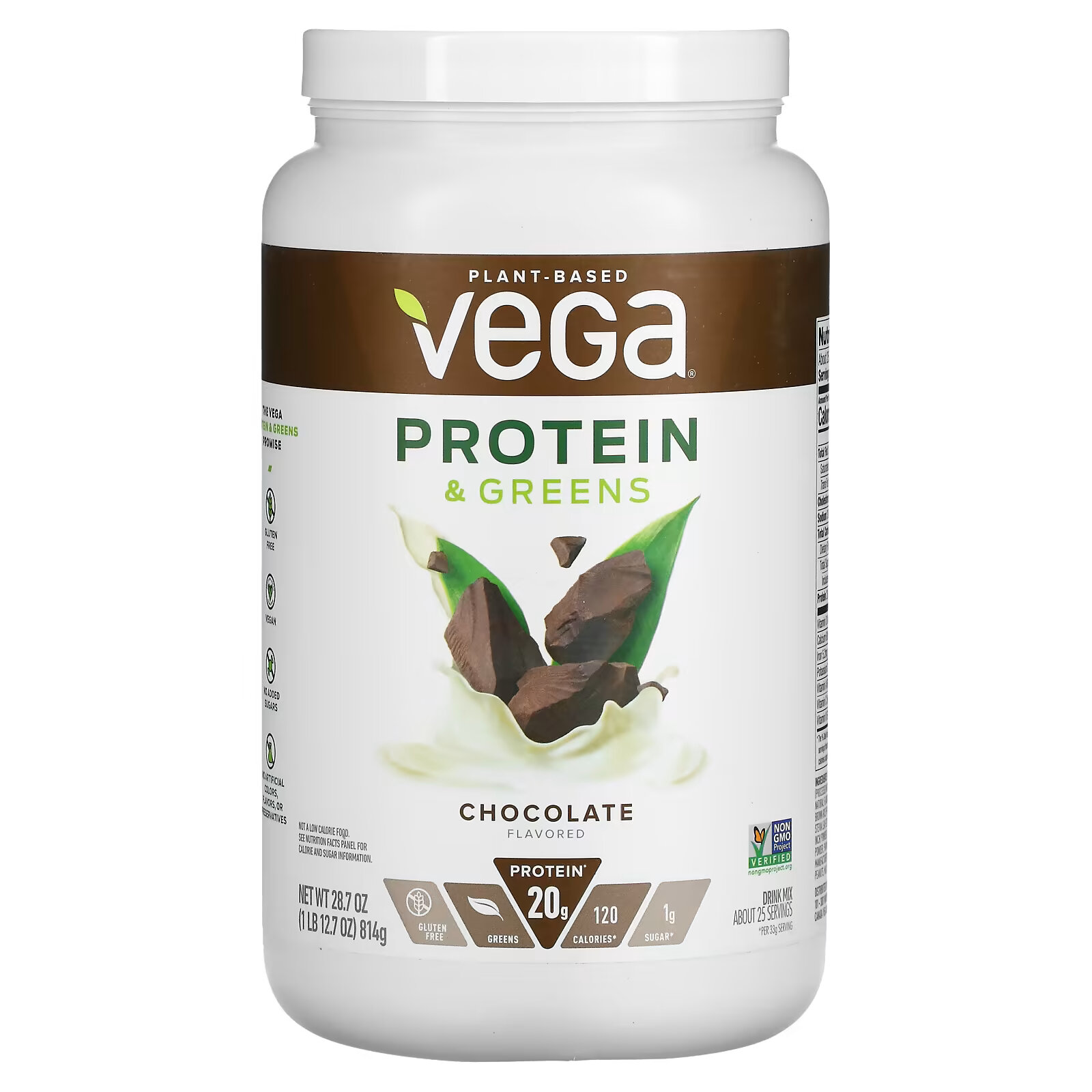 Vega, белок и зелень, со вкусом шоколада, 814 г (1,8 фунта) vega растительный белок и зелень ягоды 754 г 1 фунт 10 6 унции