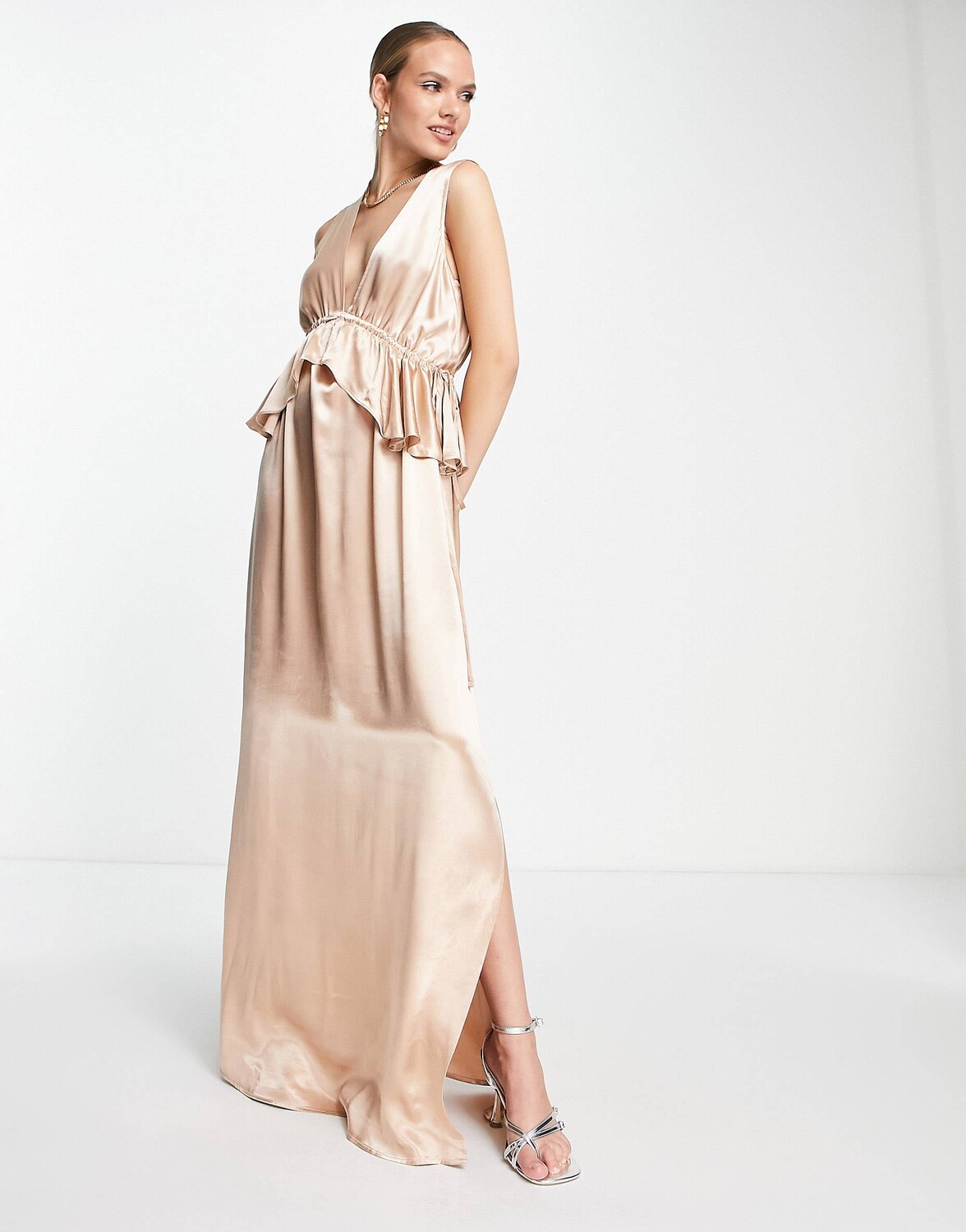 

Розовое платье макси с оборками и баской Topshop bridesmaid, Розовый