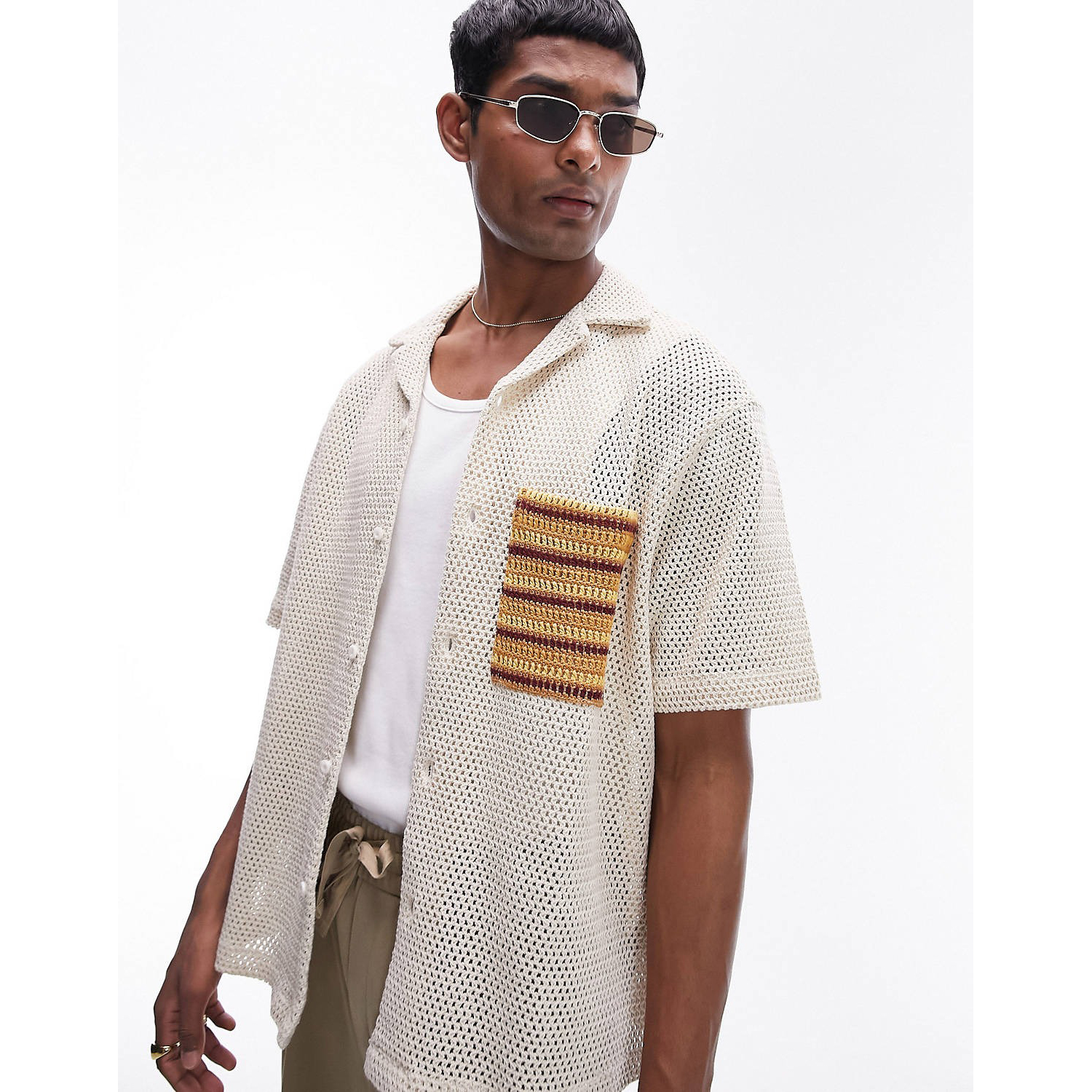 Рубашка Topman Short Sleeve Crochet Pocket, серо-бежевый inspire рубашка удлиненная с карманом небесный