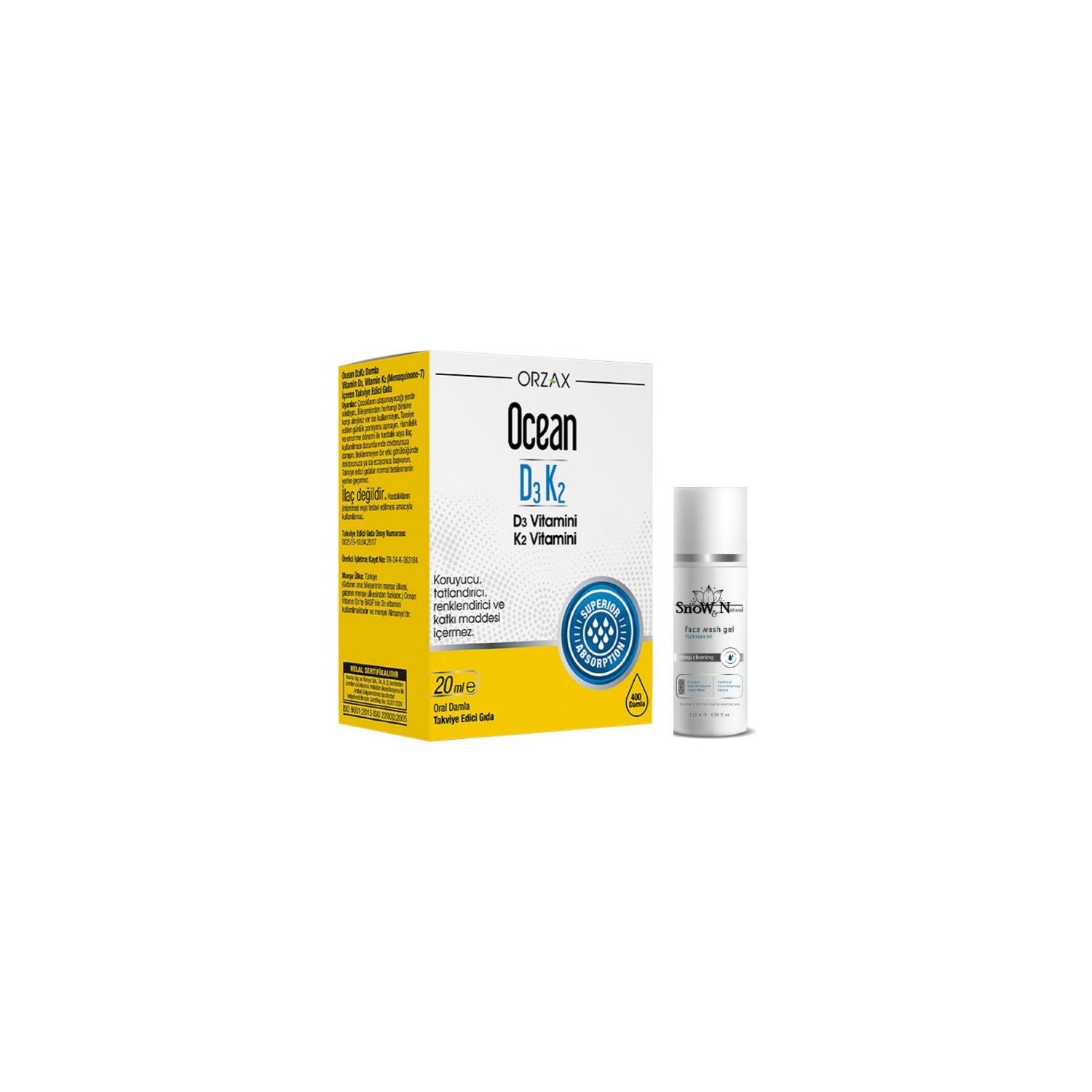 Витаминные капли D3 / K2 Orzax, 20 мл + Очищающий гель Orzax для лица, 100 мл nature s answer витамины d3 и k2 25 мкг 1000 ме и 120 мкг 0 5 мл 120 жидк унций