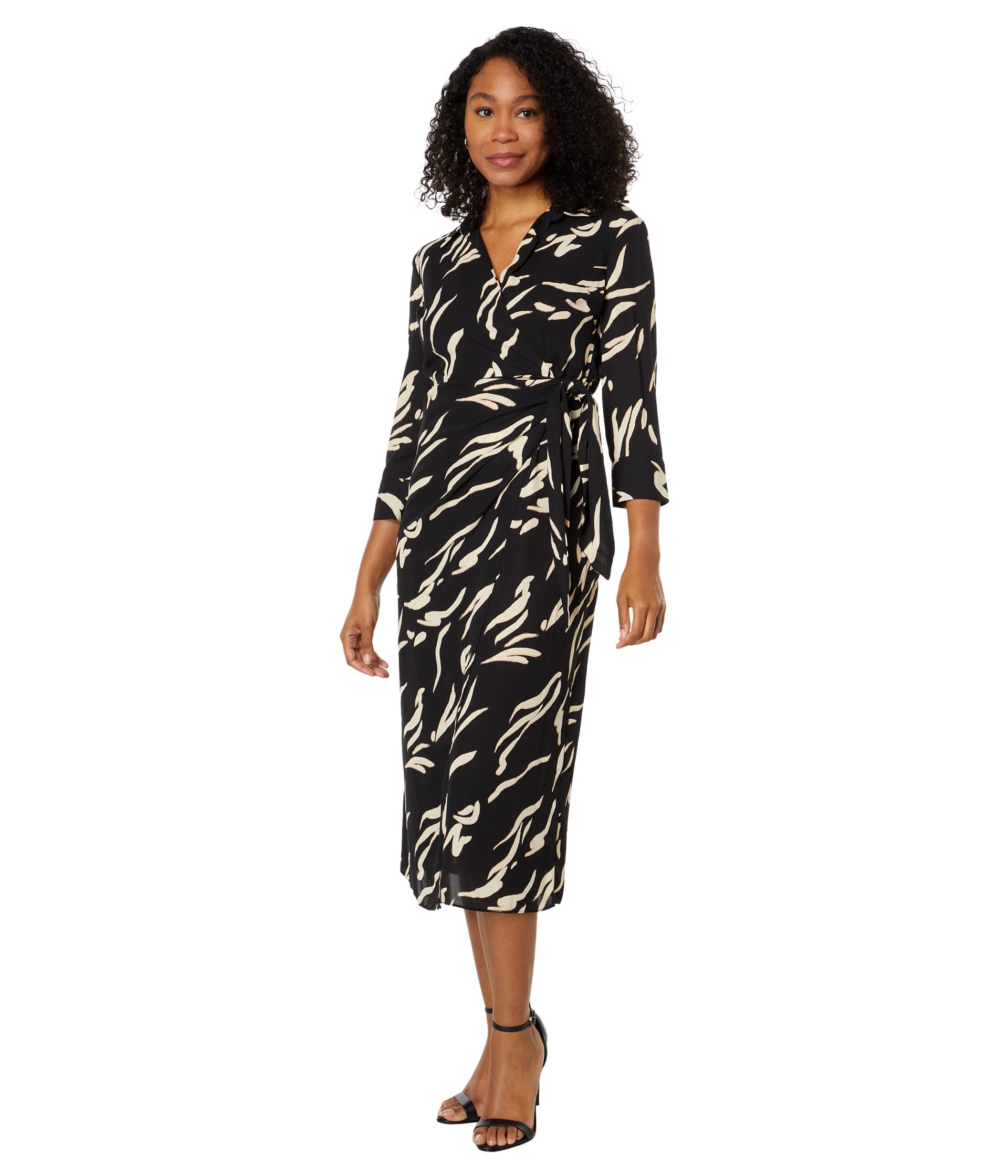 Платье Donna Morgan, Midi Wrap Dress with Long Sleeve & Collar