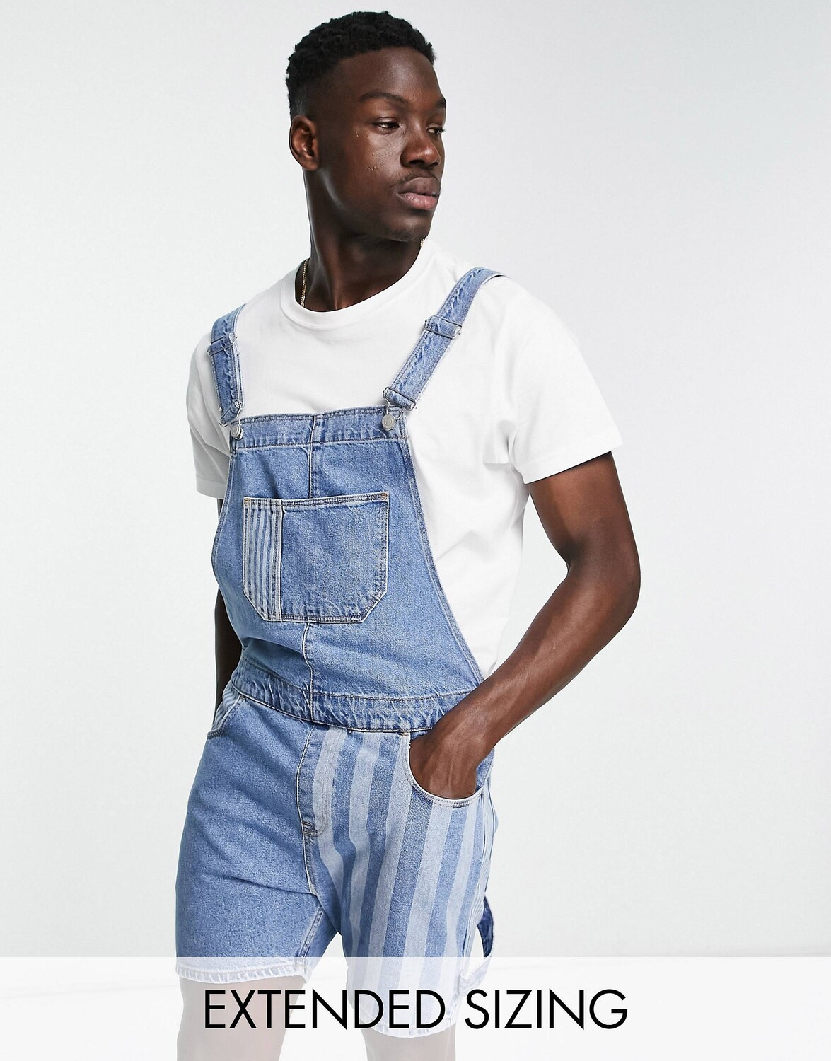 

Короткий джинсовый комбинезон в полоску и пэчворк ASOS DESIGN