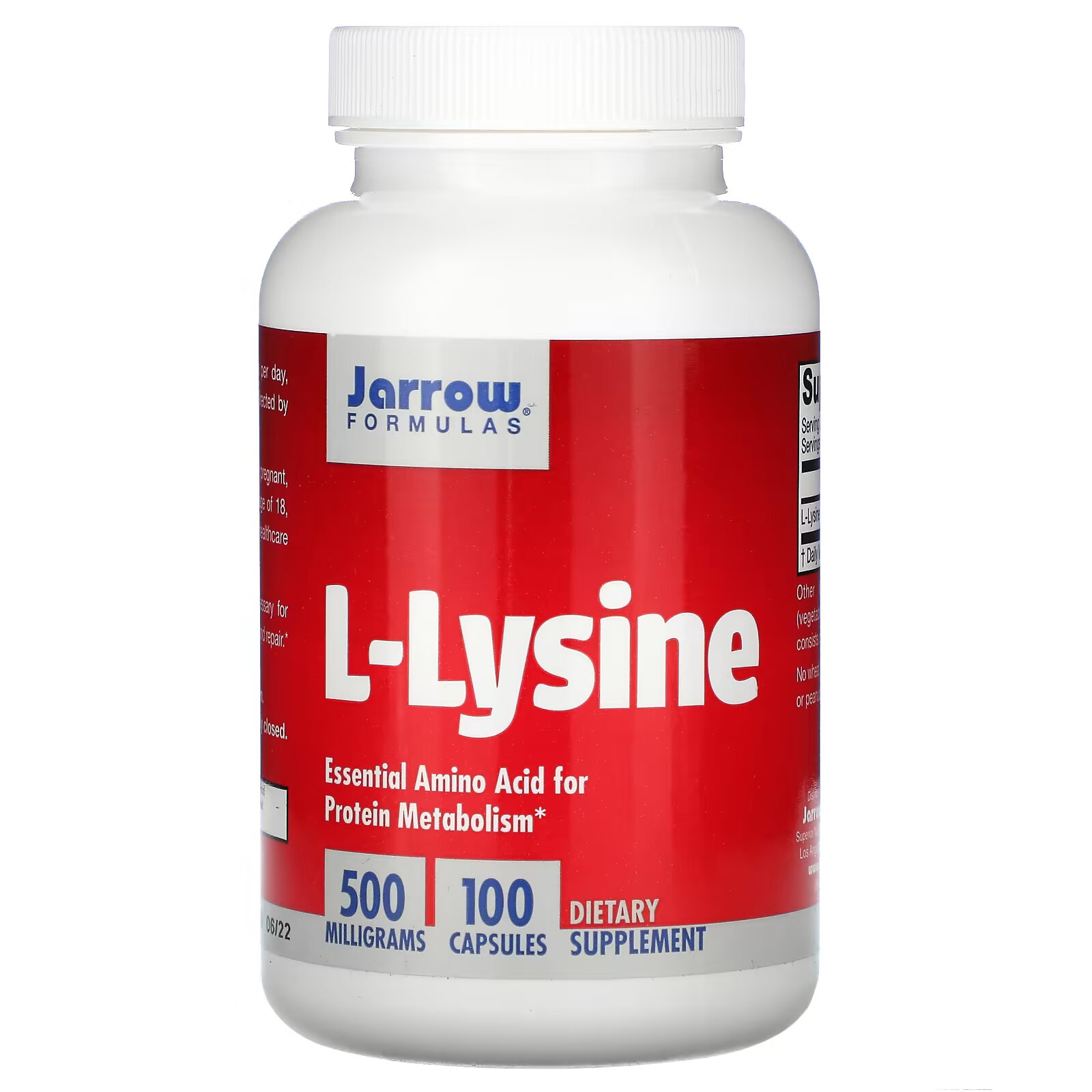 Jarrow Formulas, L-лизин, 500 мг, 100 капсул l лизин jarrow formulas l lysine 500 mg 100 шт