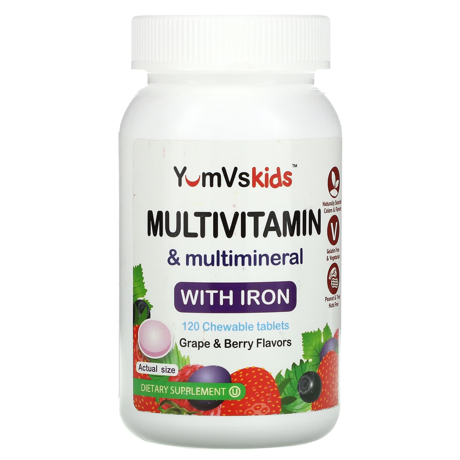 Мультивитамины и Мультиминералы Yum-Vs с железом, виноград / ягодамы, 120 жевательных таблеток сахар тростниковый коричневый кусковой неформованный sun sugar германия 500г