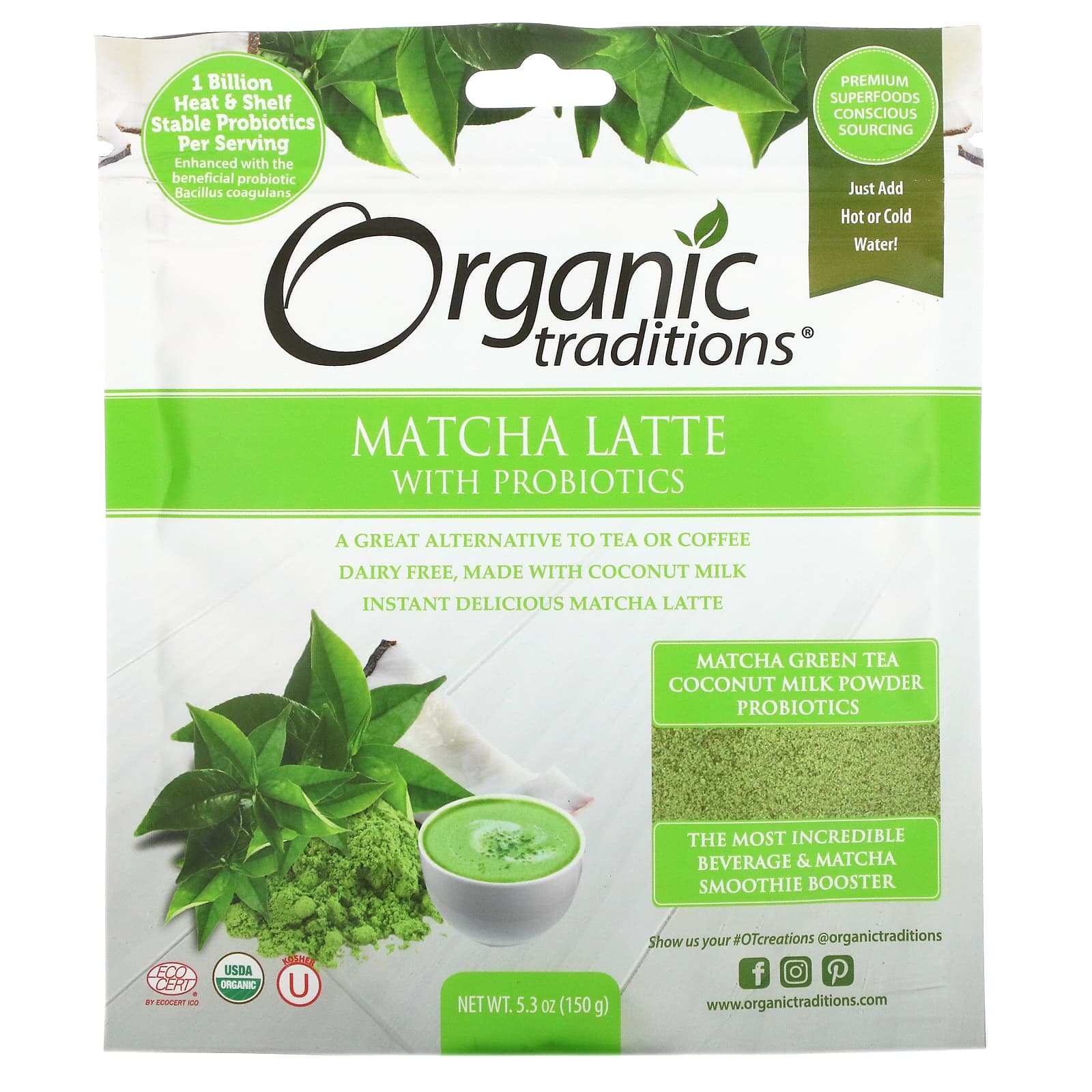 виноградный сахар свежевыжатый органический 400 мл Матча Латте Organic Traditions с пробиотиками, 150 г