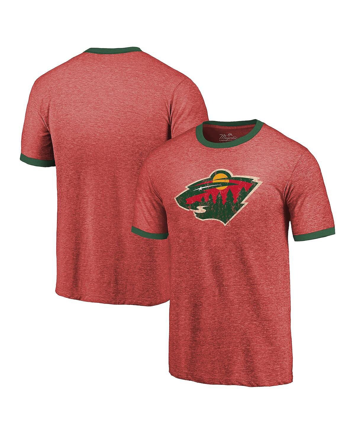 

Мужская футболка с контрастной отделкой tri-blend цвета minnesota wild ringer с мелкими нитками красного цвета Majestic, мульти