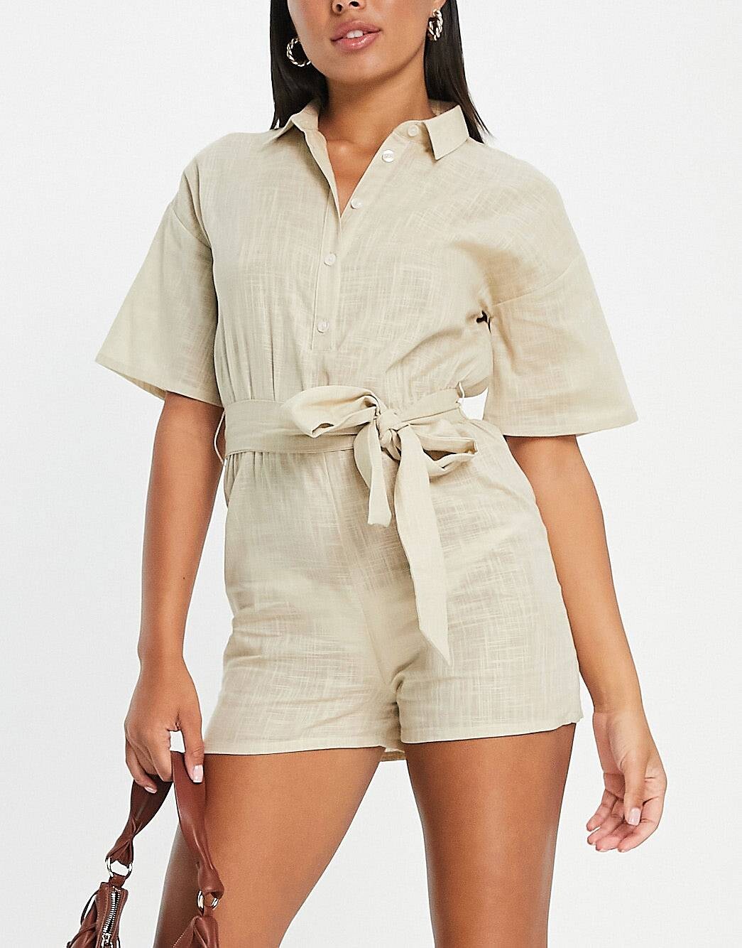 

Овсяный пляжный комбинезон-рубашка с поясом ASOS DESIGN
