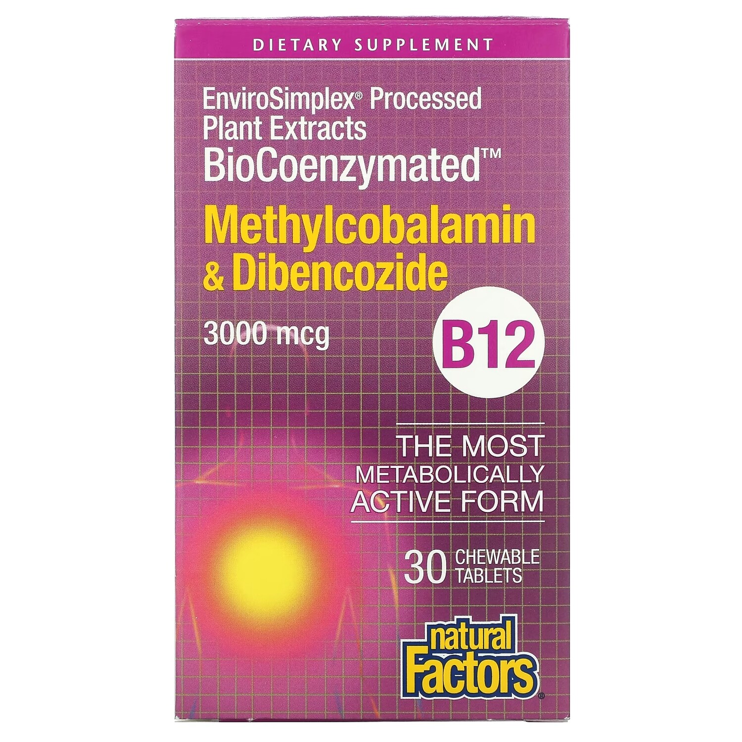 

Natural Factors BioCoenzymated B12 метилкобаламин и дибенкозид 3000 мкг, 30 жевательных таблеток