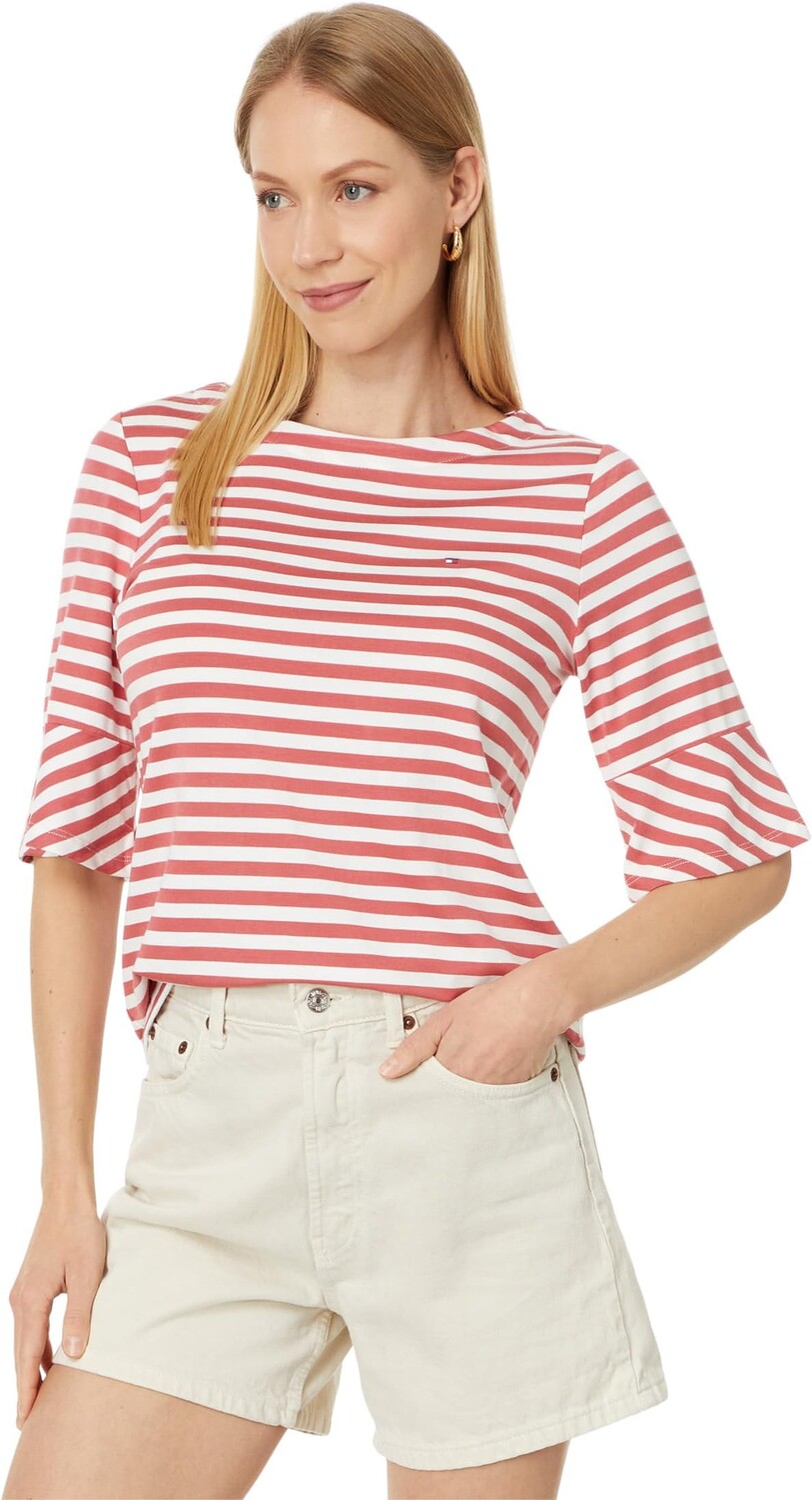 

Топ Tommy Hilfiger Striped Top With Flare Sleeve, цвет Mineral Red/Ivory