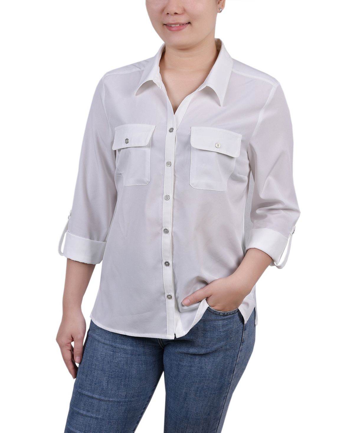 Миниатюрная блуза с отворотами 3/4 и карманами NY Collection, мульти