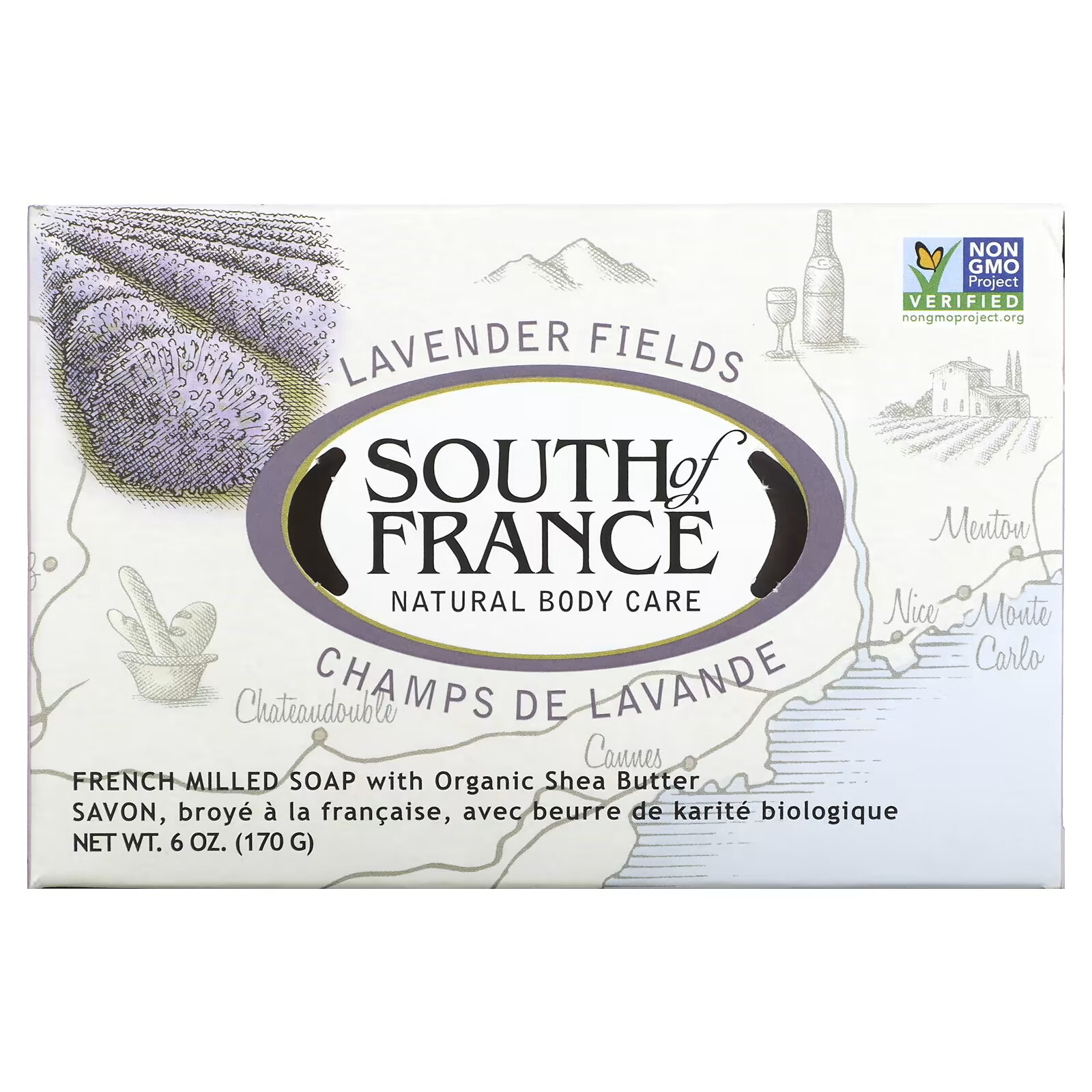 South of France, лавандовое поле, мыло с органическим маслом ши, изготовленное по французскому рецепту, 170 г (6 унций) south of france мыло французского помола с органическим маслом ши 170 г 6 унций
