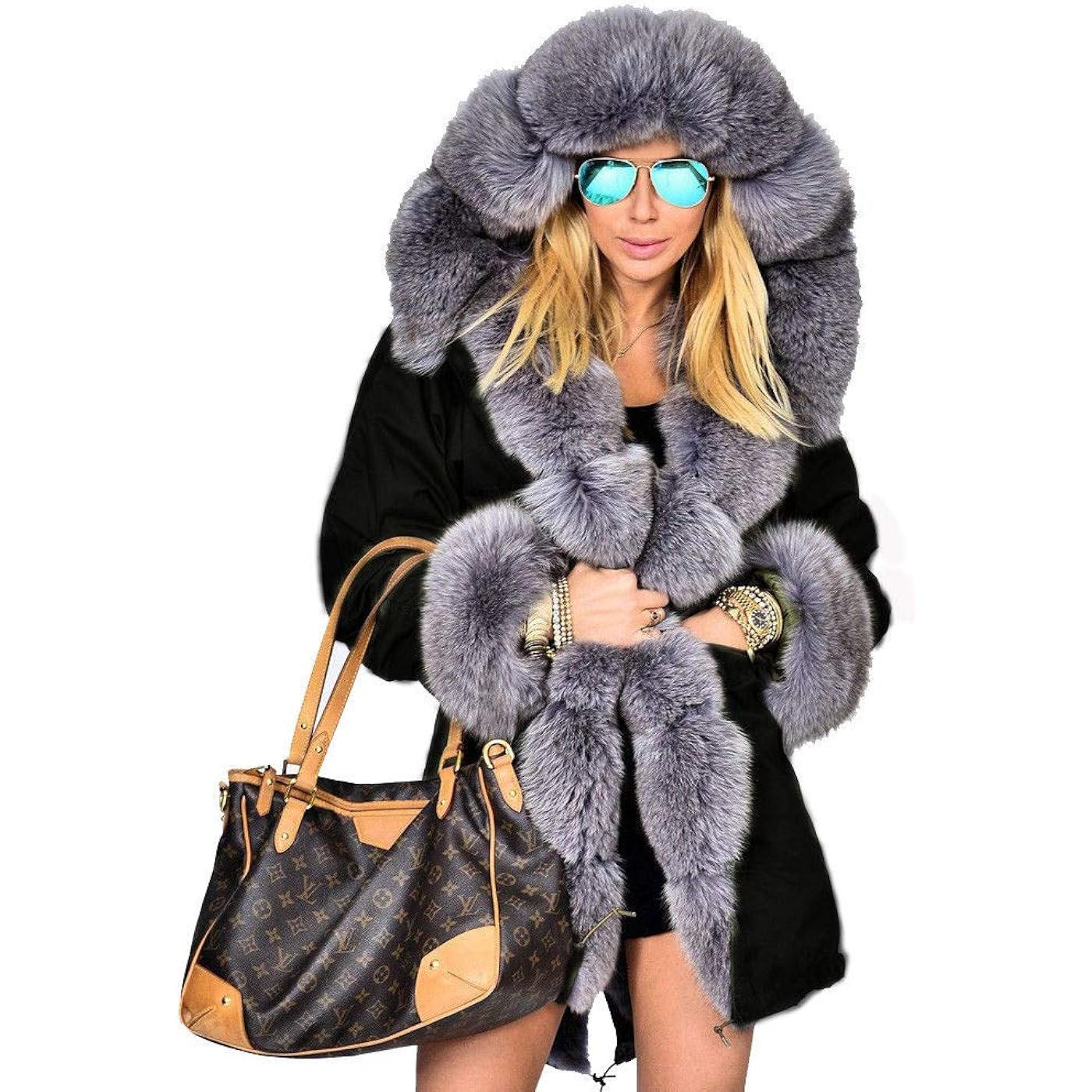 мужская теплая куртка с флисовой подкладкой ветрозащитная повседневная парка с меховым воротником и капюшоном для осени и зимы 2022 Парка Aofur Long Warm Winter Faux Fur Collar Qulited Women's, черный/серый