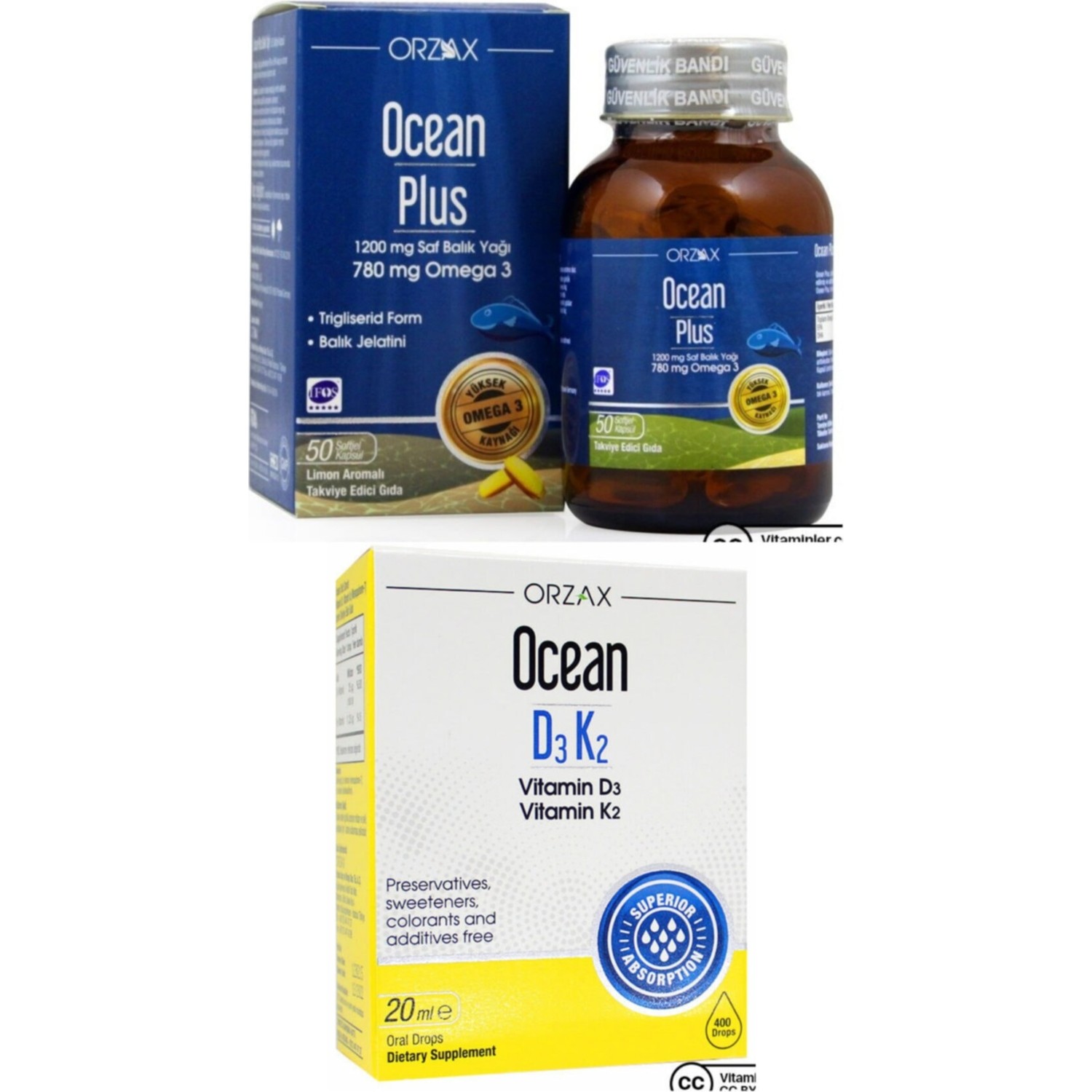 Омега-3 Plus Ocean 1200 мг, 50 капсул + Витамин D3 / K2 Ocean в каплях, 20 мл