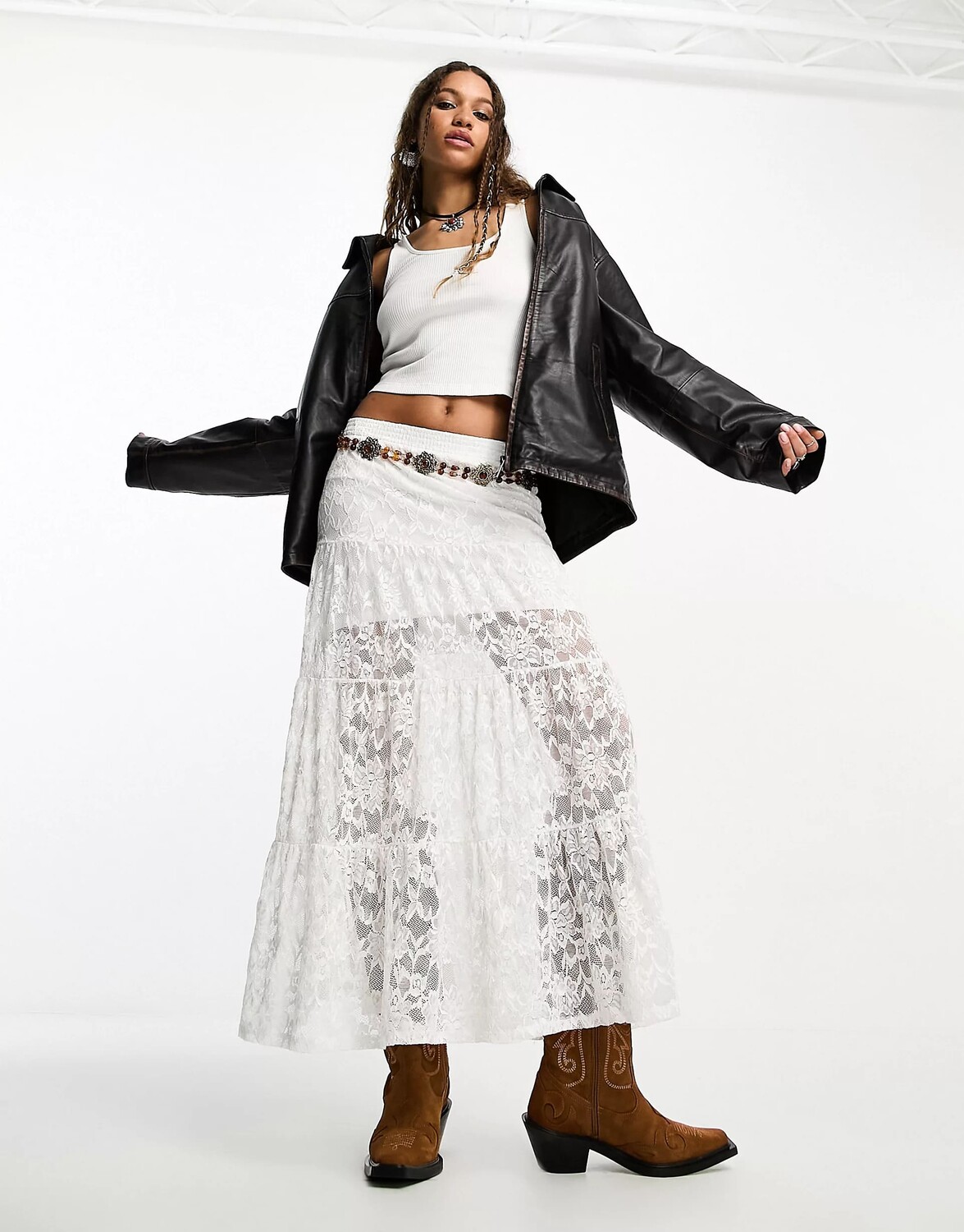 

Многоярусная кружевная юбка-макси Asos Design в стиле бохо, кремовый