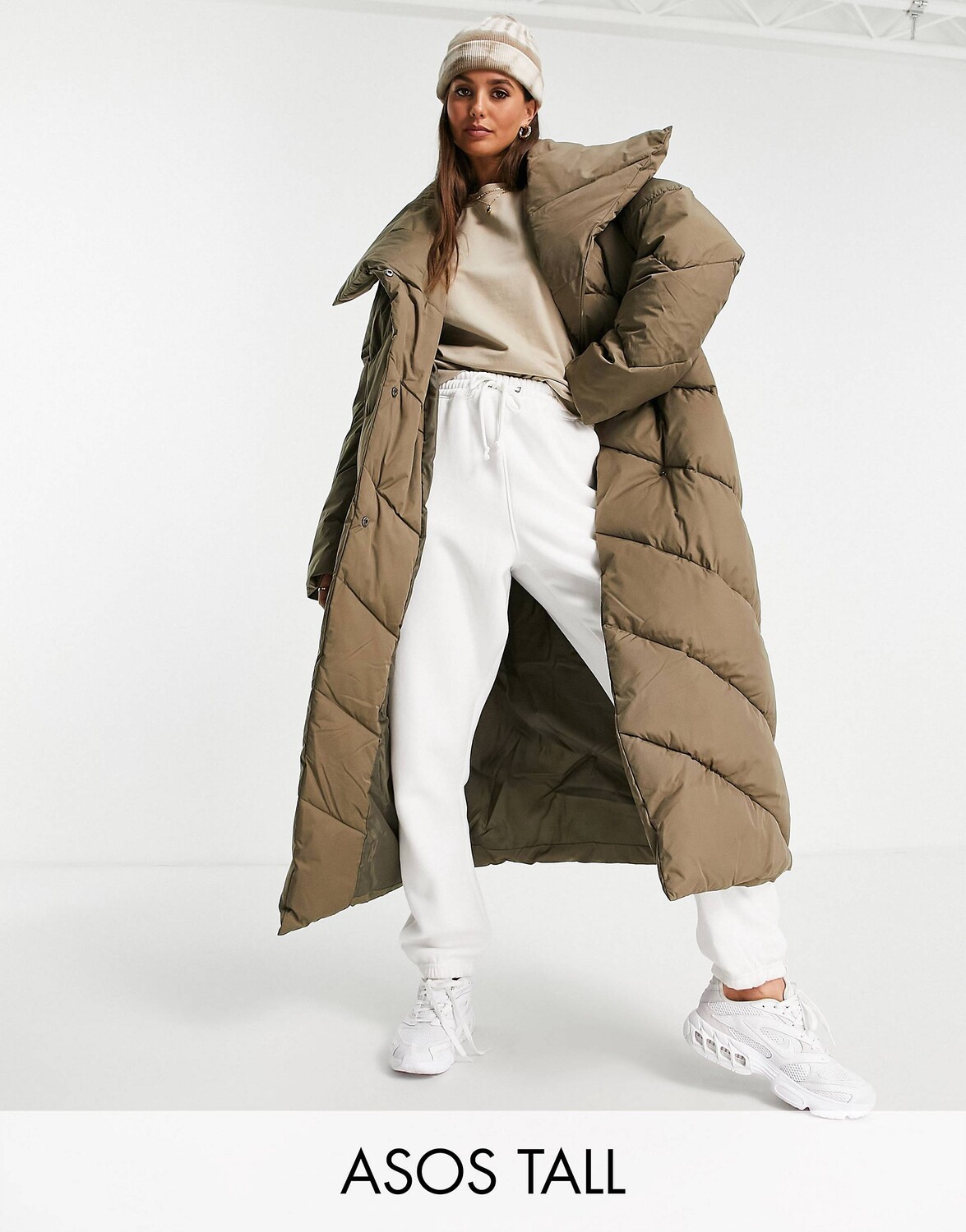 

Коричневый стеганый пуховик макси с водопадом ASOS DESIGN Tall