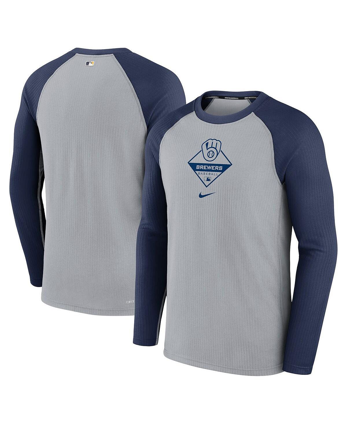 Мужская серая, темно-синяя футболка с длинным рукавом реглан milwaukee brewers game authentic collection performance Nike, мульти