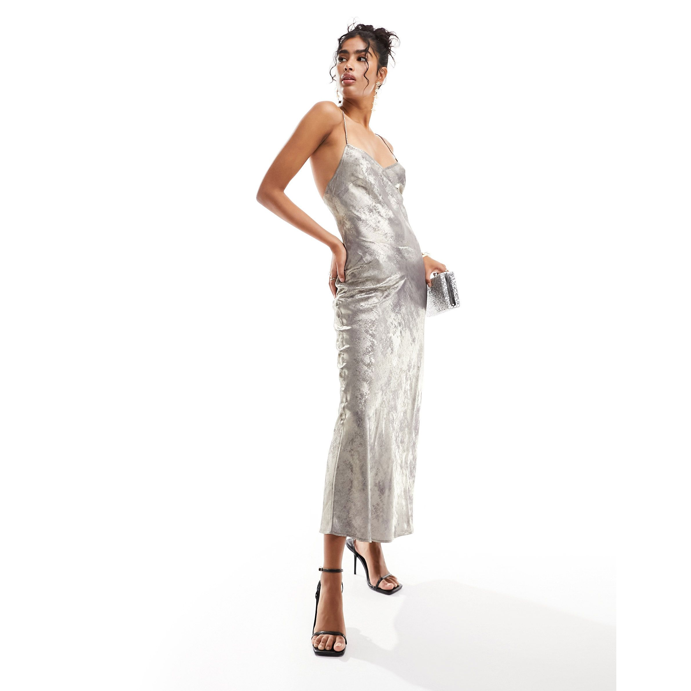 Платье-комбинация Miss Selfridge Metallic, серебристый платье макси серебристого цвета с эффектом металлик topshop