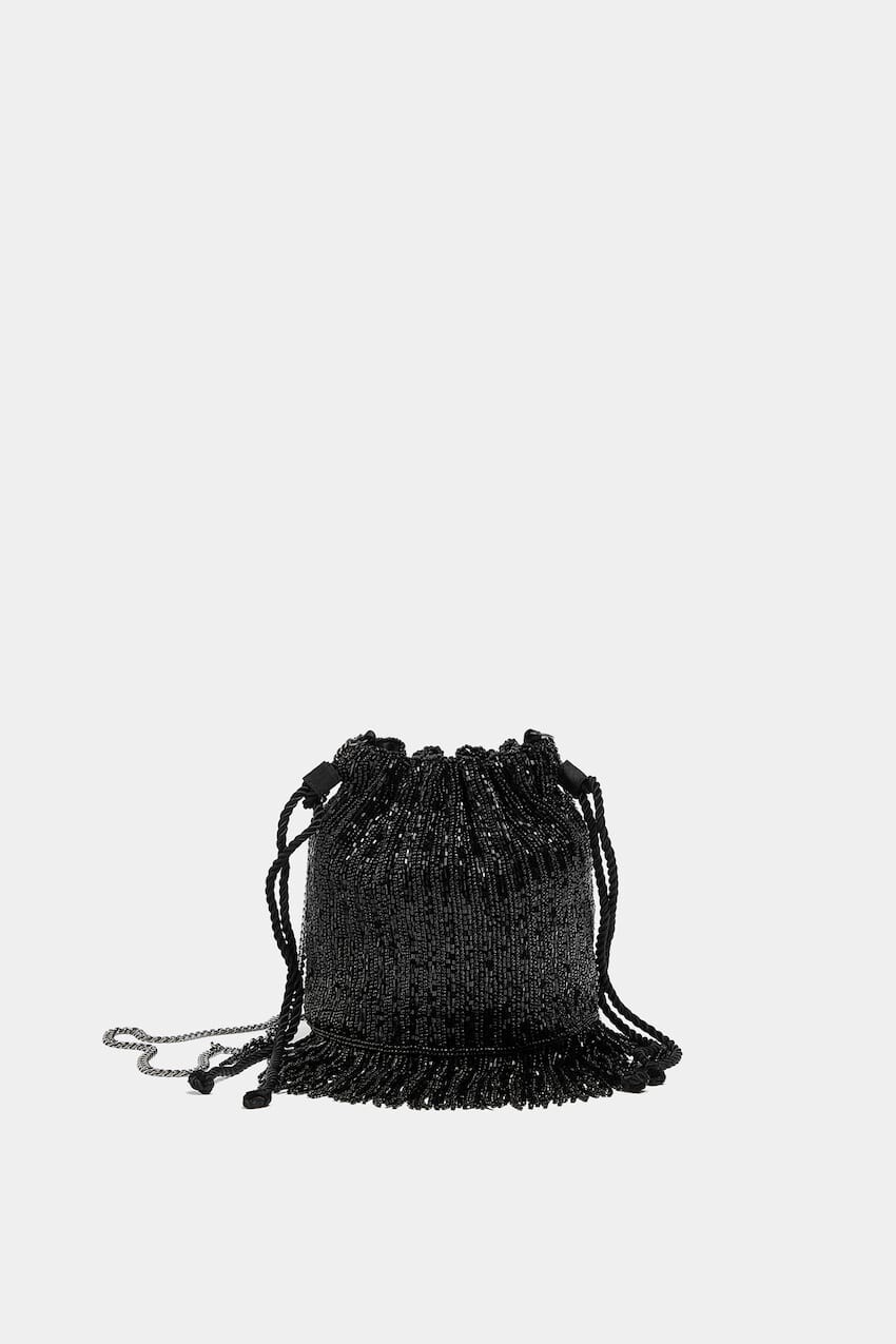 

Сумка-мешок с вышивкой бисером и бахромой Pull&Bear, черный