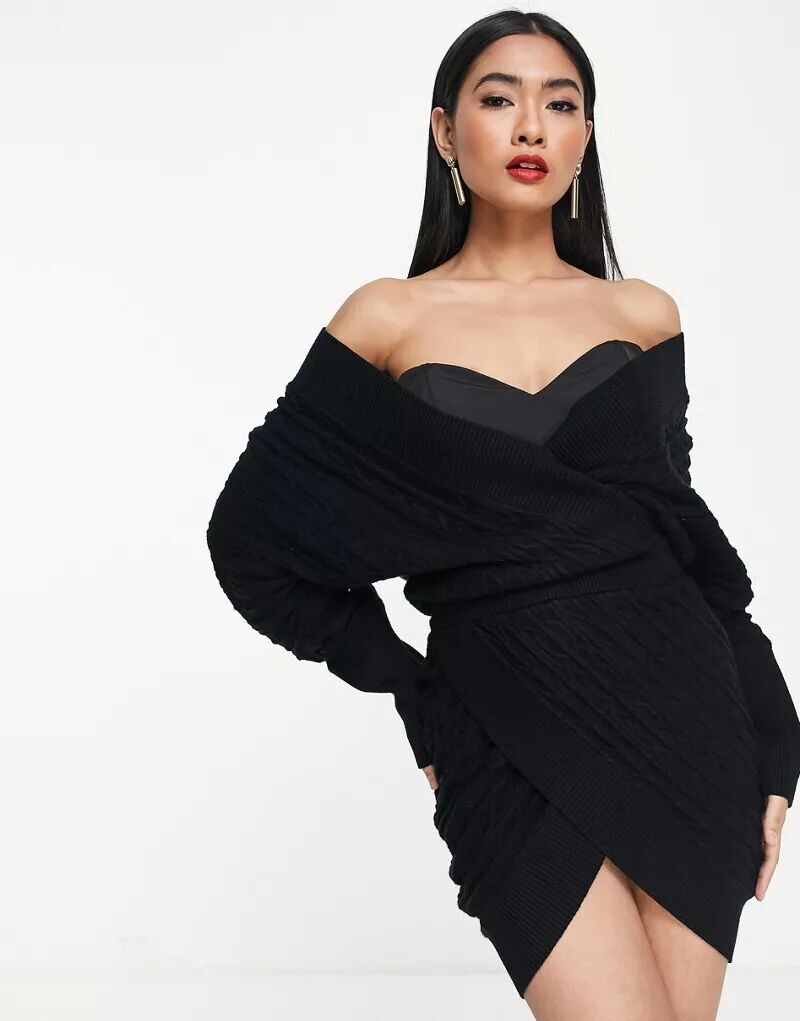 

Укороченное трикотажное платье с запахом и открытыми плечами ASOS с корсетным лифом