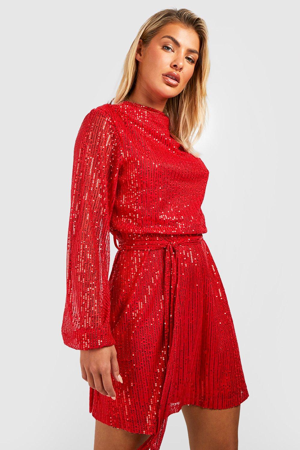 Вечернее платье с коротким рукавом и поясом с пайетками и хомутом boohoo, красный