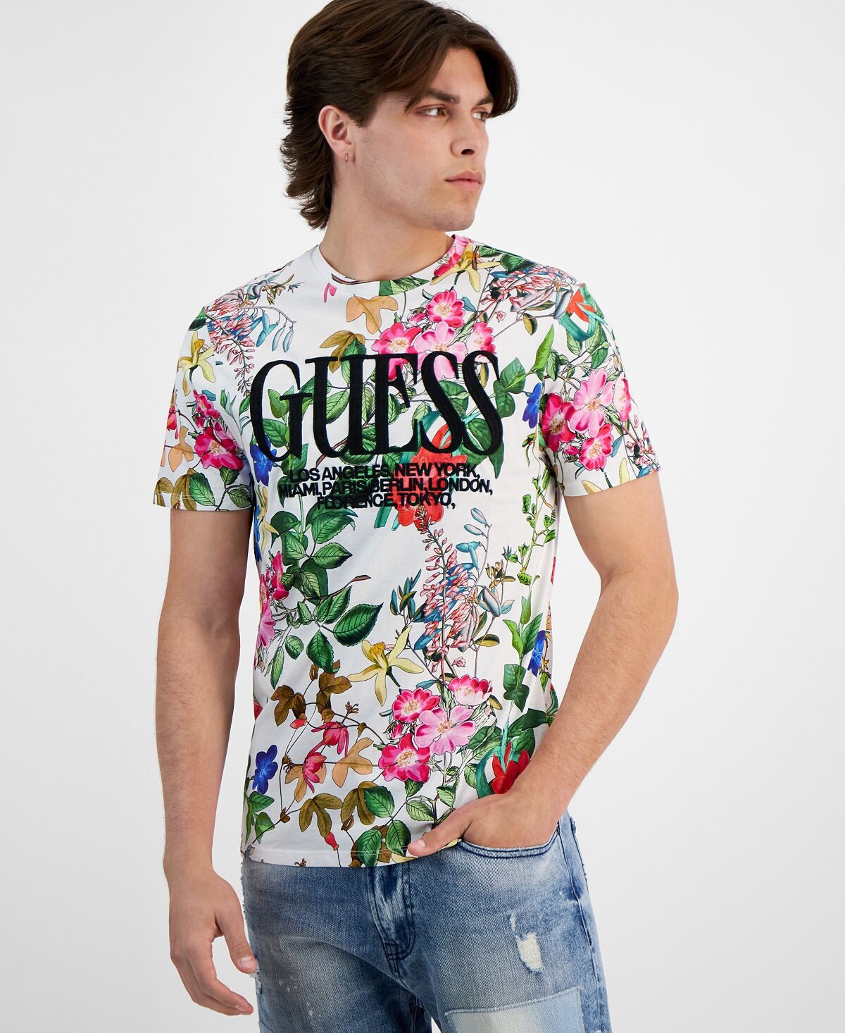

Мужская футболка с цветочной вышивкой и графическим логотипом GUESS