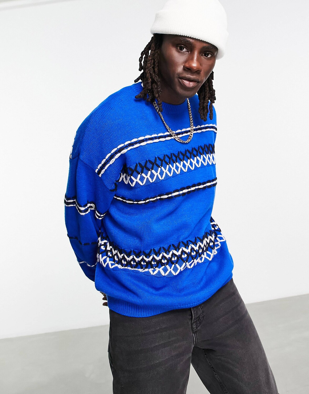 

Свободный синий джемпер с ручной строчкой ASOS DESIGN
