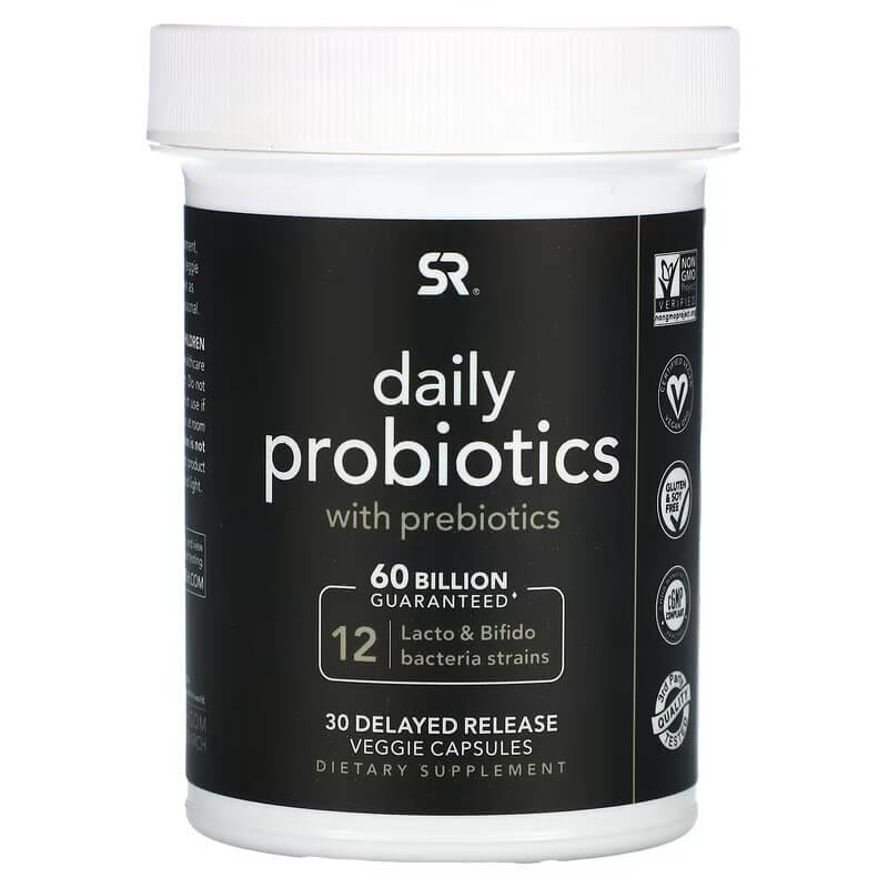 Пробиотики с пребиотиками Sports Research 60 миллиардов КОЕ, 30 капсул sunbiotics сильные пробиотики с органическими пребиотиками корня якона 30 вегетарианских таблеток