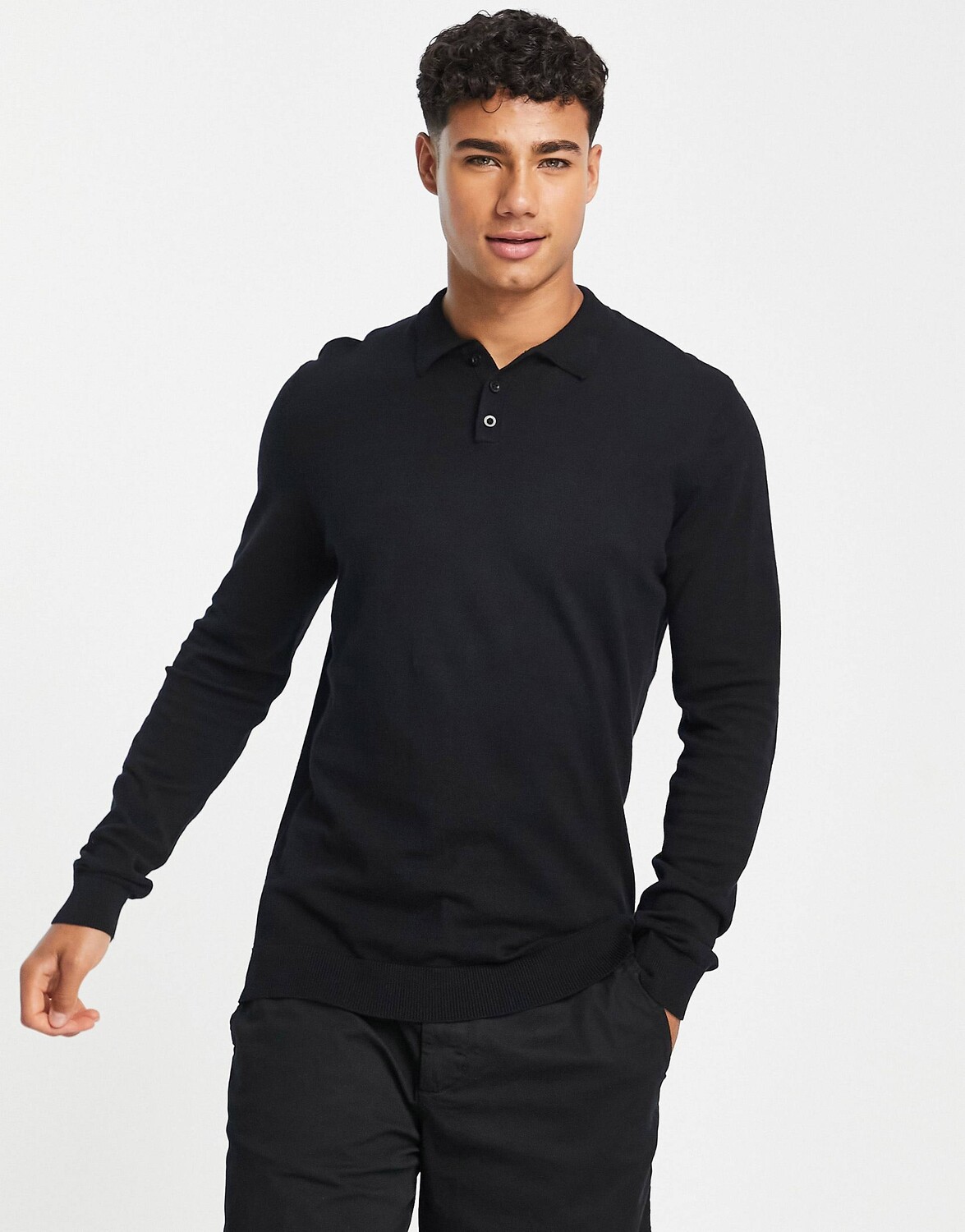 

Черный трикотажный джемпер поло из хлопка ASOS DESIGN