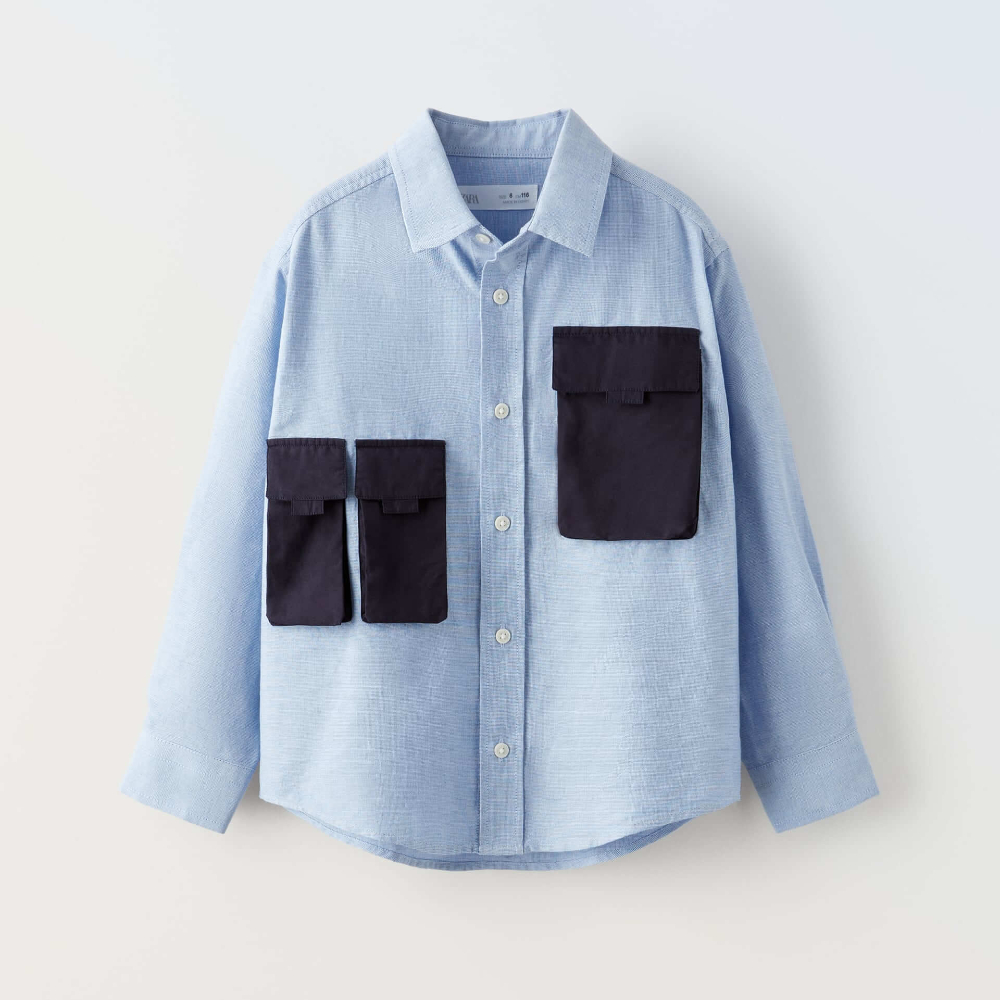 Рубашка Zara Multi-pocket, синий рубашка zara poplin shirt with pocket синий