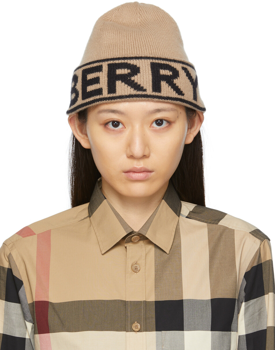 

Бежевая шапка-бини из кашемира с логотипом интарсия Burberry