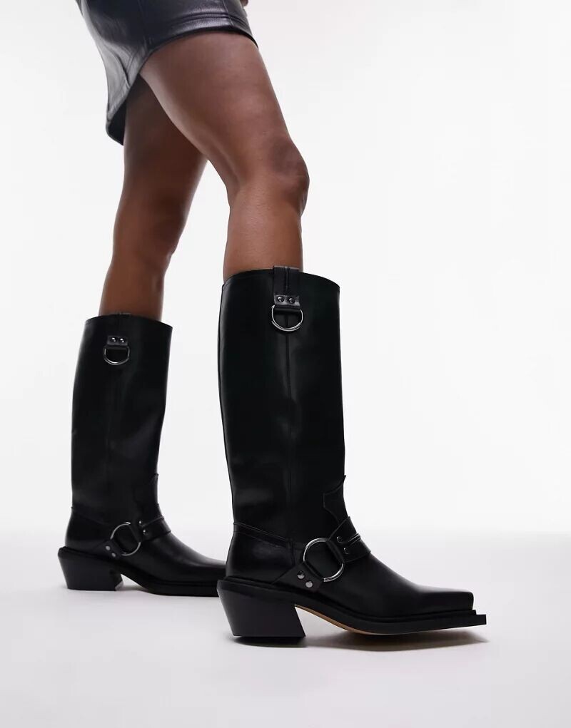 

Ковбойские сапоги до колена Topshop Rain из кожи премиум-класса черного цвета