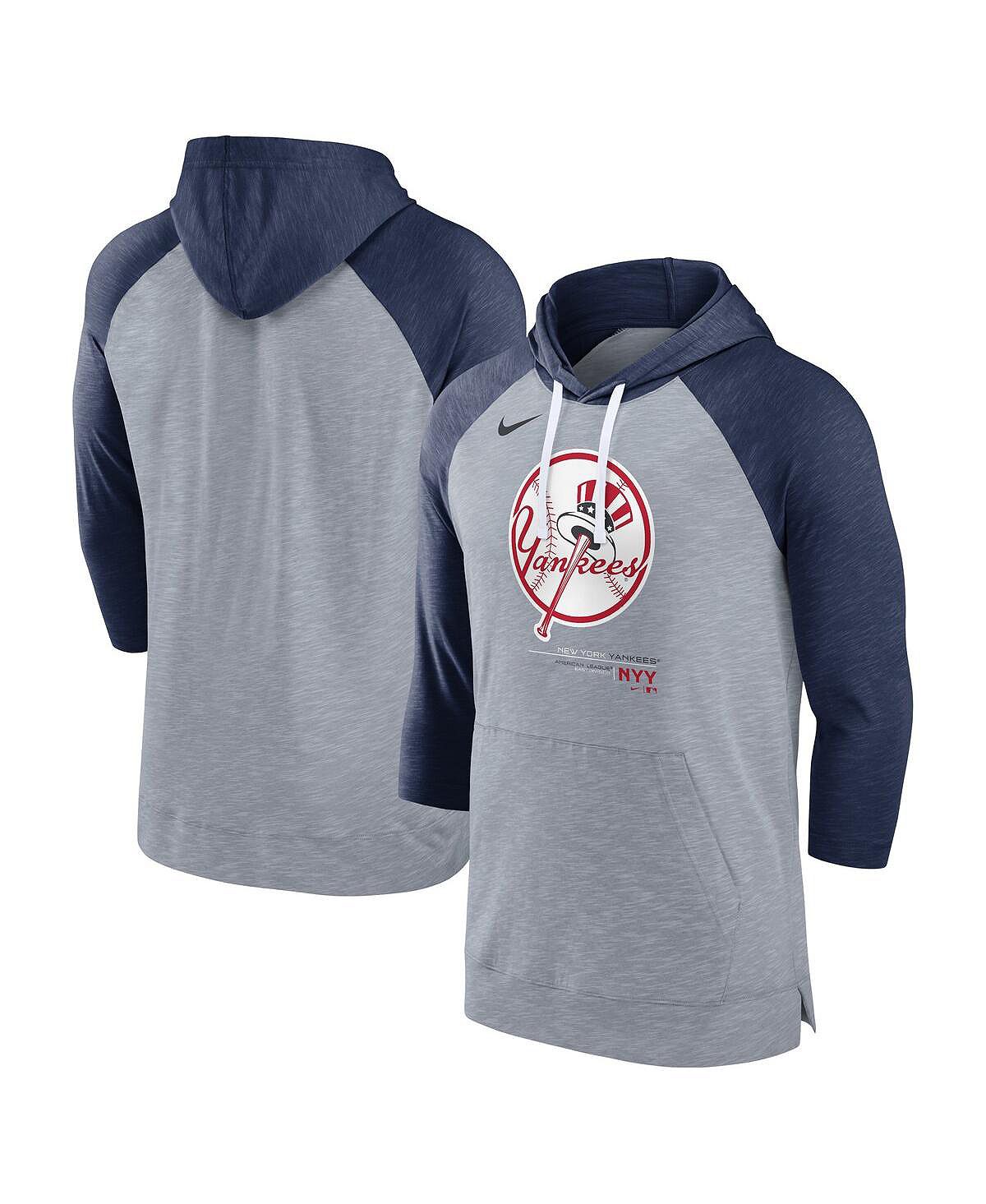 цена Мужская толстовка с капюшоном и пуловером с рукавами 3/4 «Хезер серый», «Хизер темно-синий» New York Yankees Baseball Raglan Nike