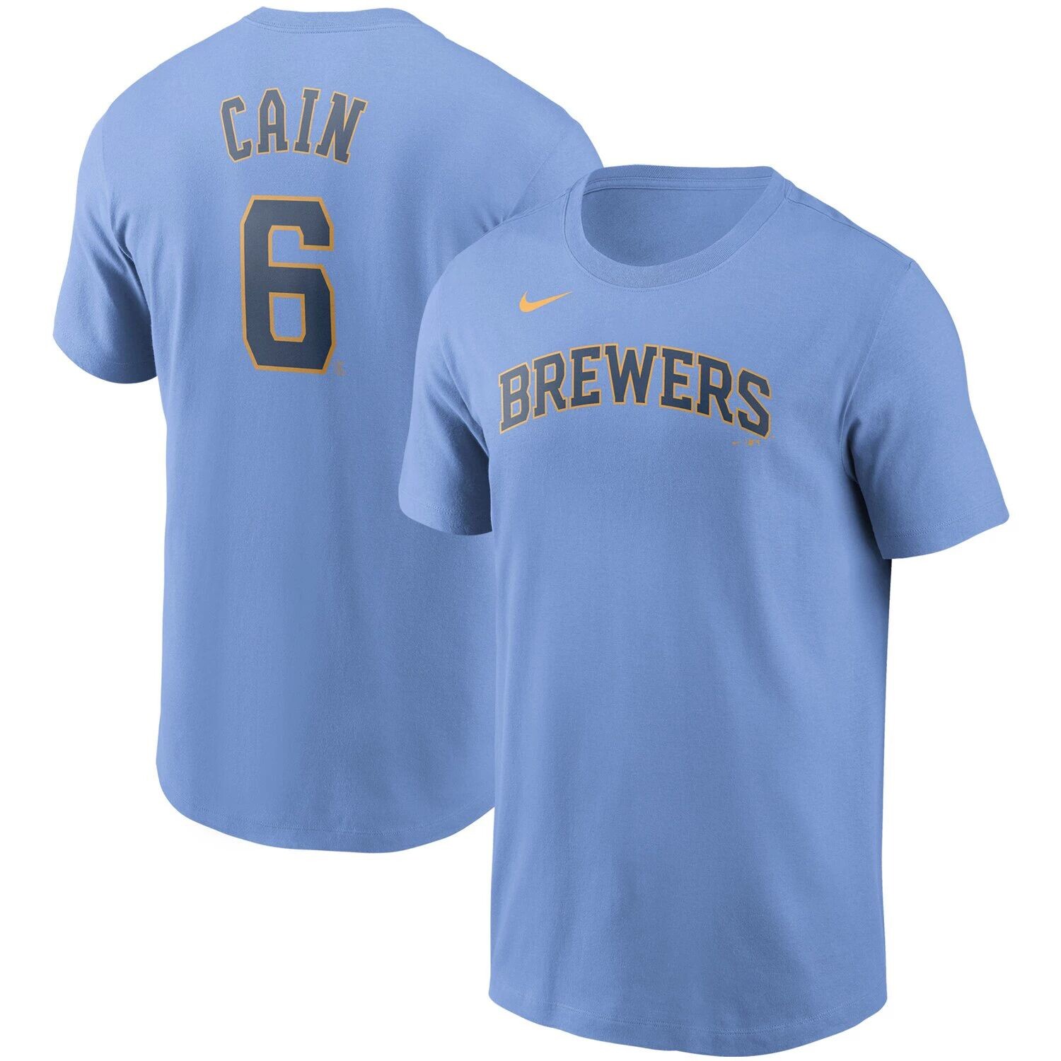 

Мужская голубая футболка с именем и номером Lorenzo Cain Milwaukee Brewers Nike, Синий