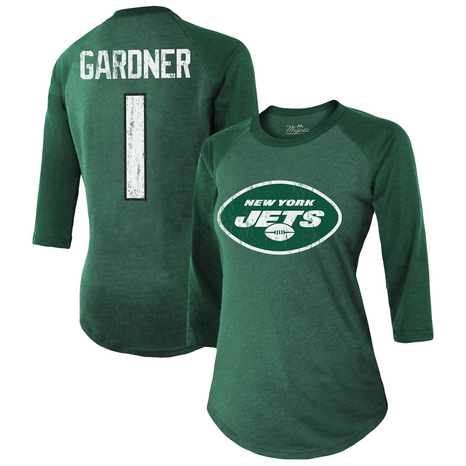 

Женская футболка Majestic Threads Ahmad Sauce Gardner Green New York Jets с именем и номером игрока, футболка тройного реглан с рукавами 3/4 Majestic