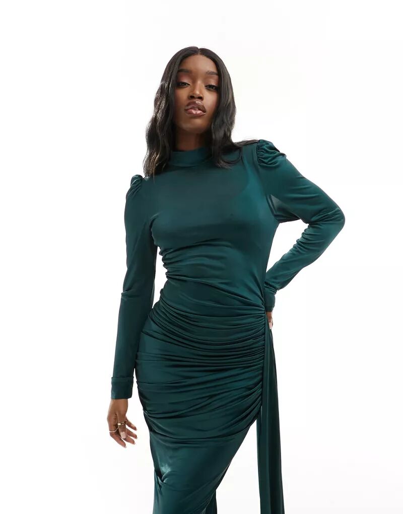 цена Темно-зеленое платье макси с высоким воротником и оборками VL The Label