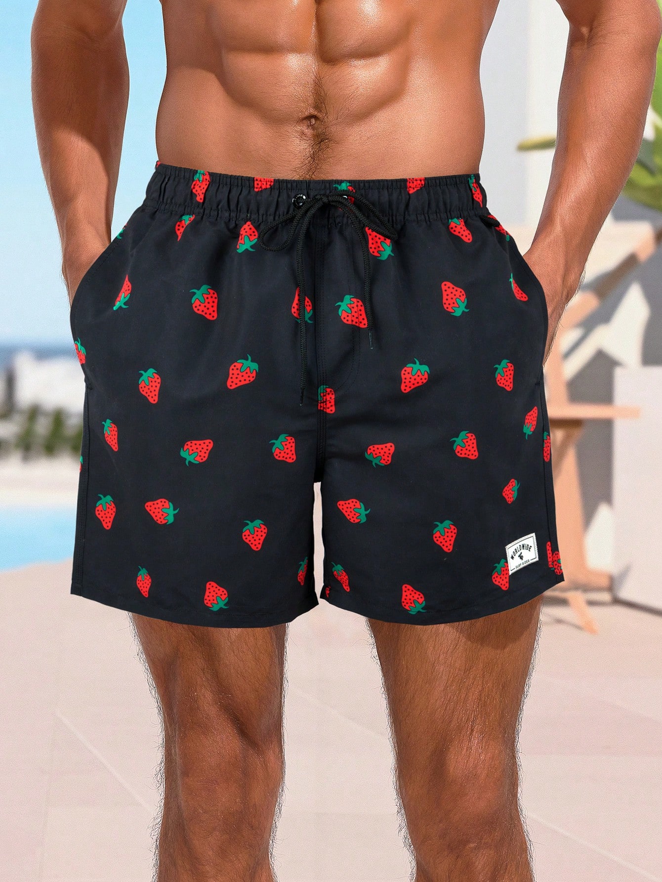 SHEIN Мужские пляжные шорты с клубничным принтом, черный цена и фото