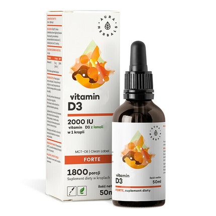 Высокая доза витамина D3 2000 МЕ в каплях 50 мл - для вегетарианцев Aura